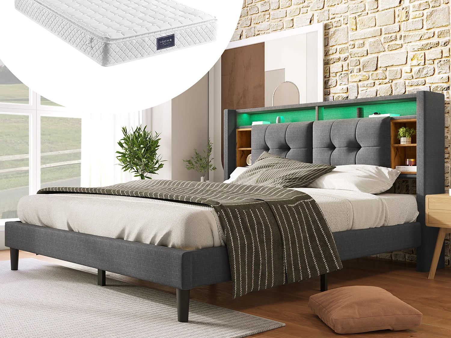 Lit capitonné 160 x 200 cm avec tête de lit - USB et LEDs - Tissu Lin - gris + Matelas