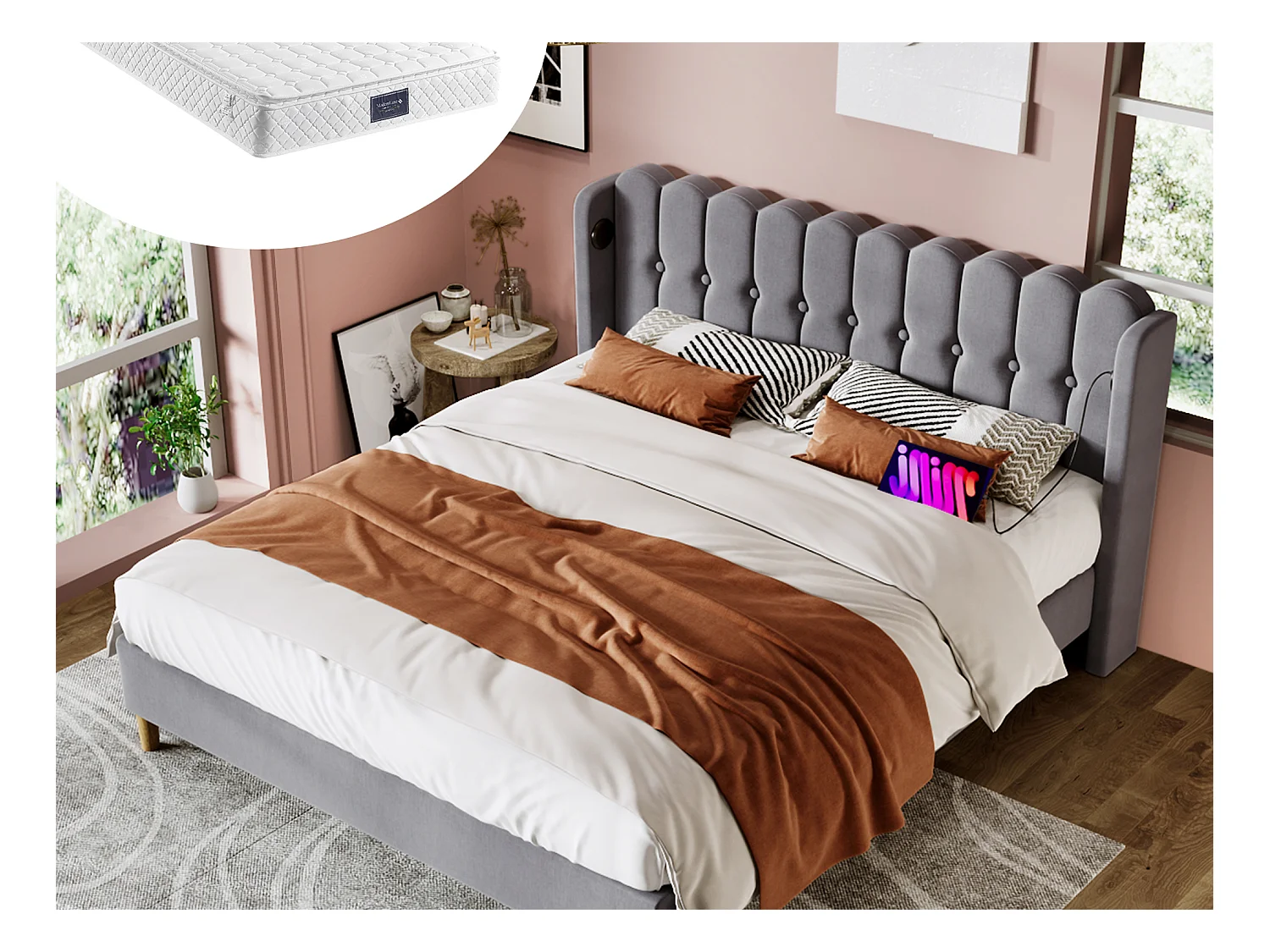 Gepolstertes Bett 140 x 200 cm für Kinder oder Erwachsene – USB + Typ C – Leinenstoff – Grau + Matratze