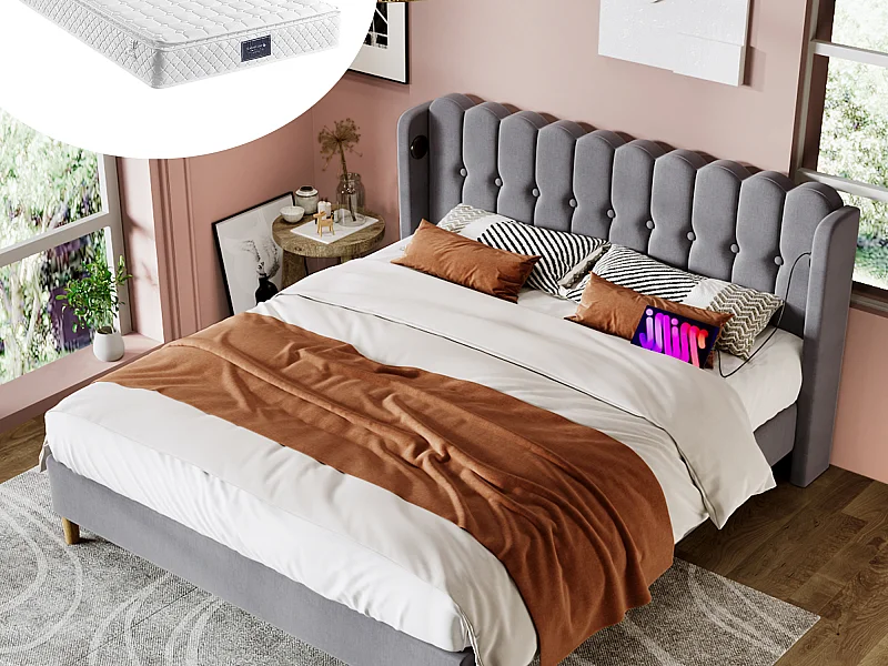 Gewatteerd bed 140 x 200 cm voor kinderen of volwassenen - USB + type C - linnen stof - grijs + matras