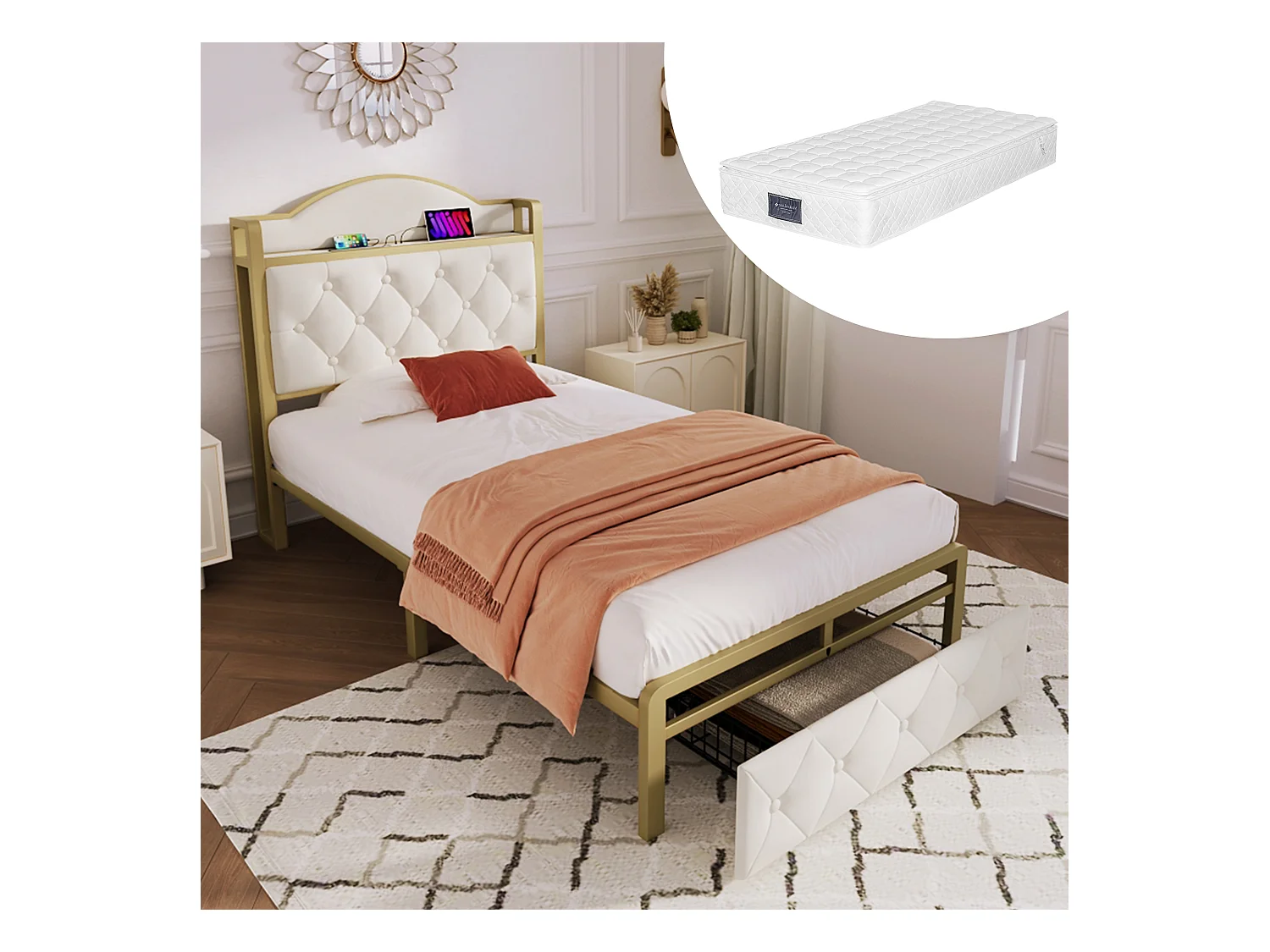Kinderbed 90 x 200 cm met lade - USB + Type C - fluweel + metaal - lichtbeige + matras