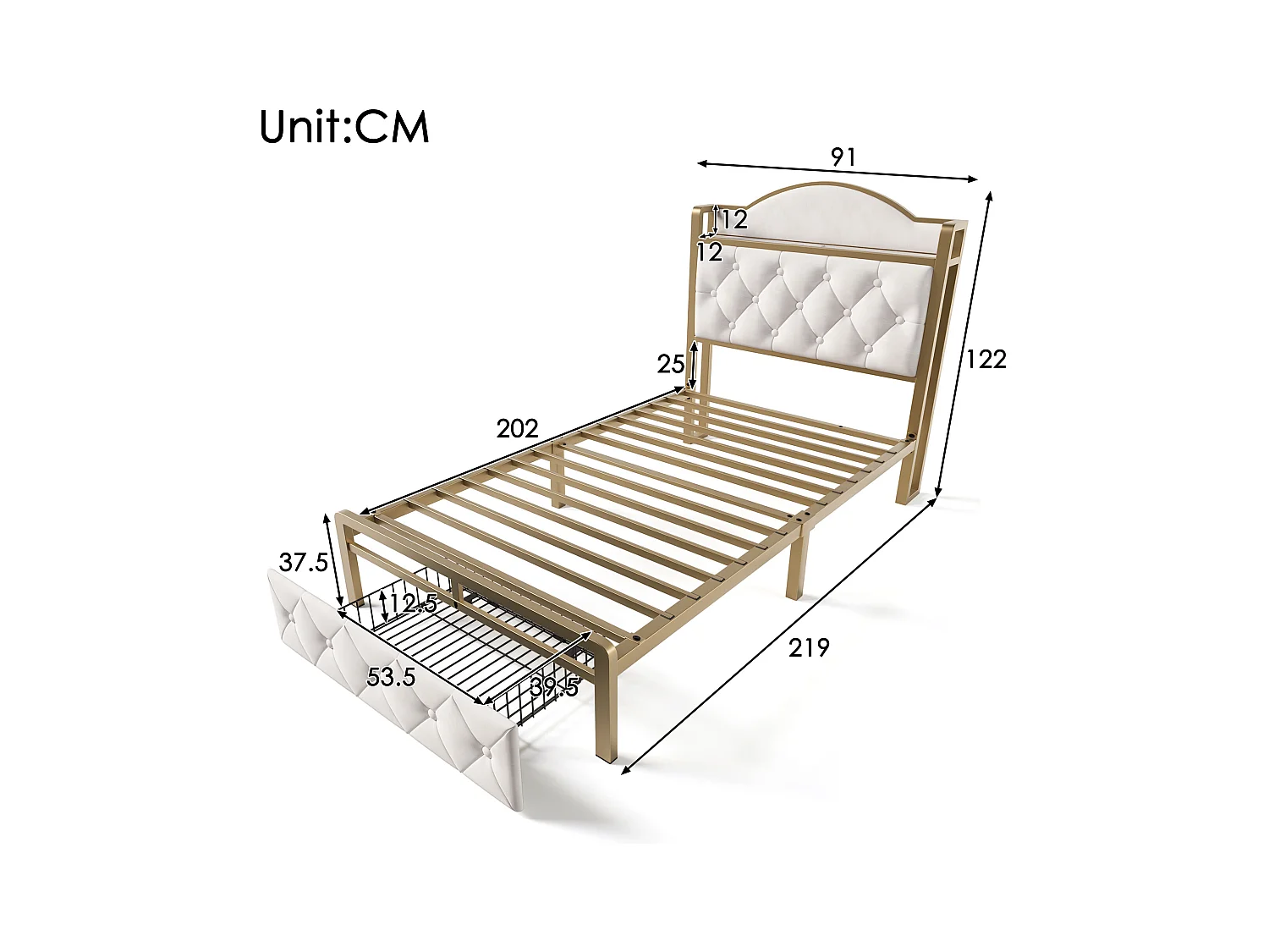 Kinderbed 90 x 200 cm met lade - USB + Type C - fluweel + metaal - lichtbeige + matras