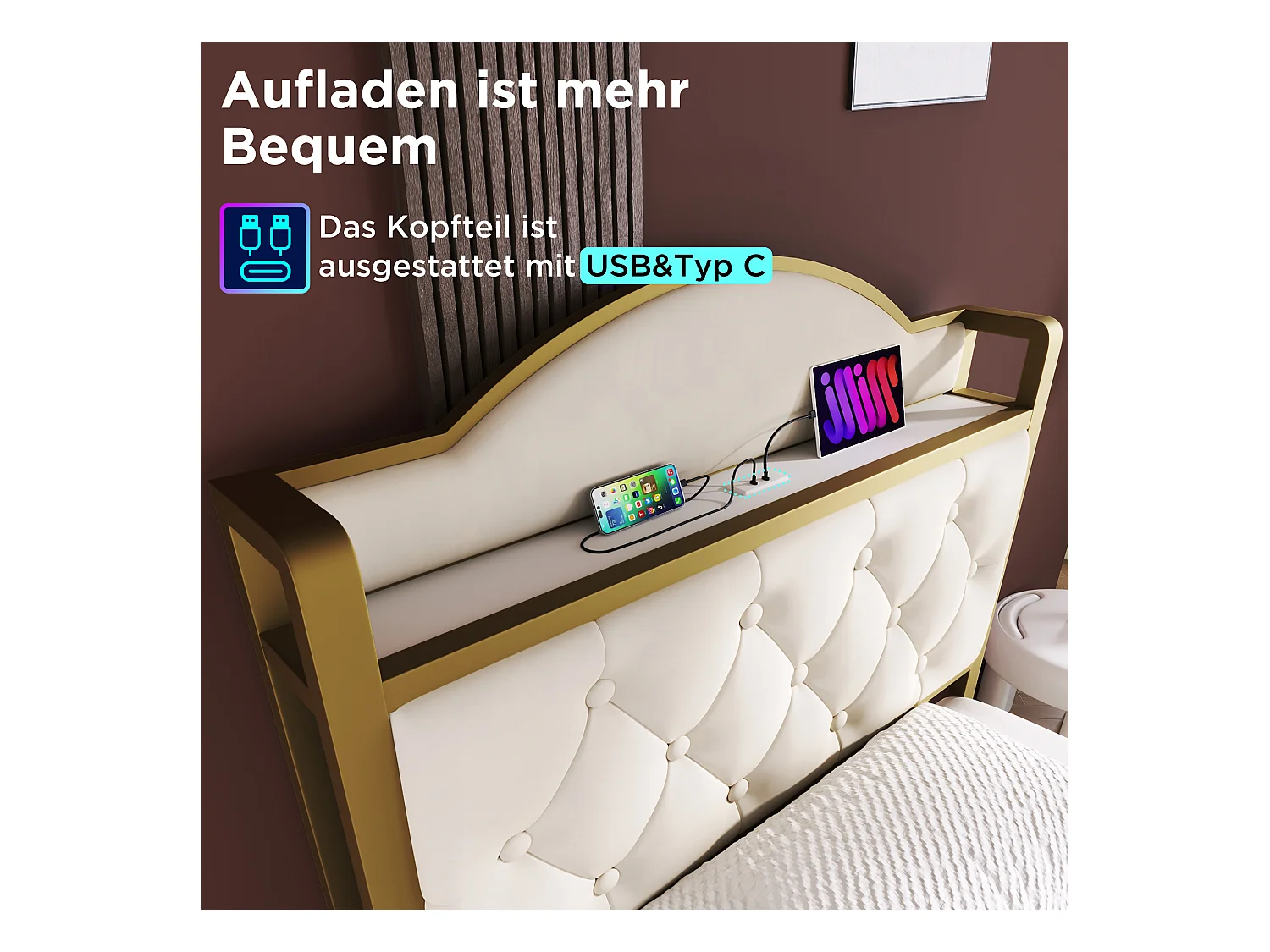 Kinderbed 90 x 200 cm met lade - USB + Type C - fluweel + metaal - lichtbeige + matras
