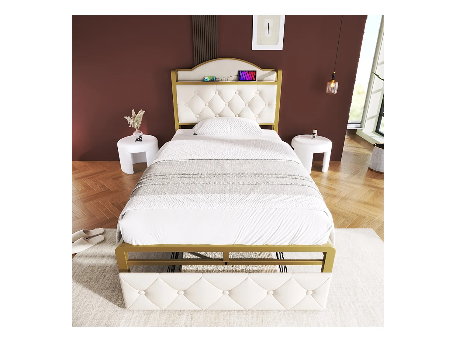 Kinderbed 90 x 200 cm met lade - USB + Type C - fluweel + metaal - lichtbeige + matras