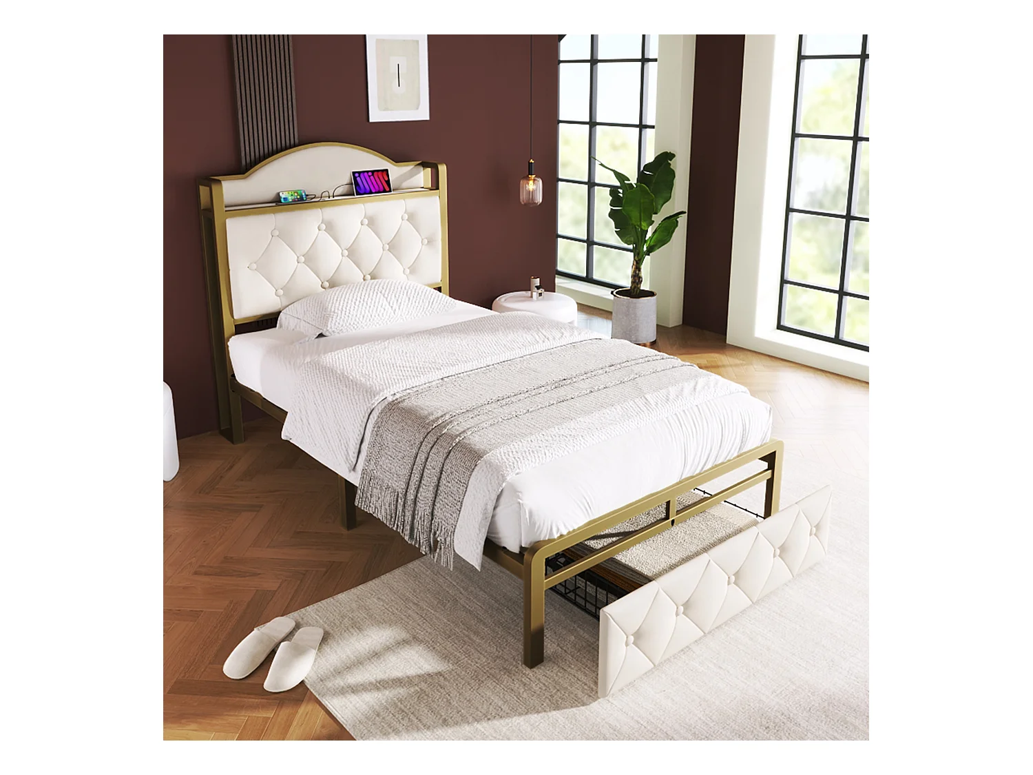 Kinderbed 90 x 200 cm met lade - USB + Type C - fluweel + metaal - lichtbeige + matras