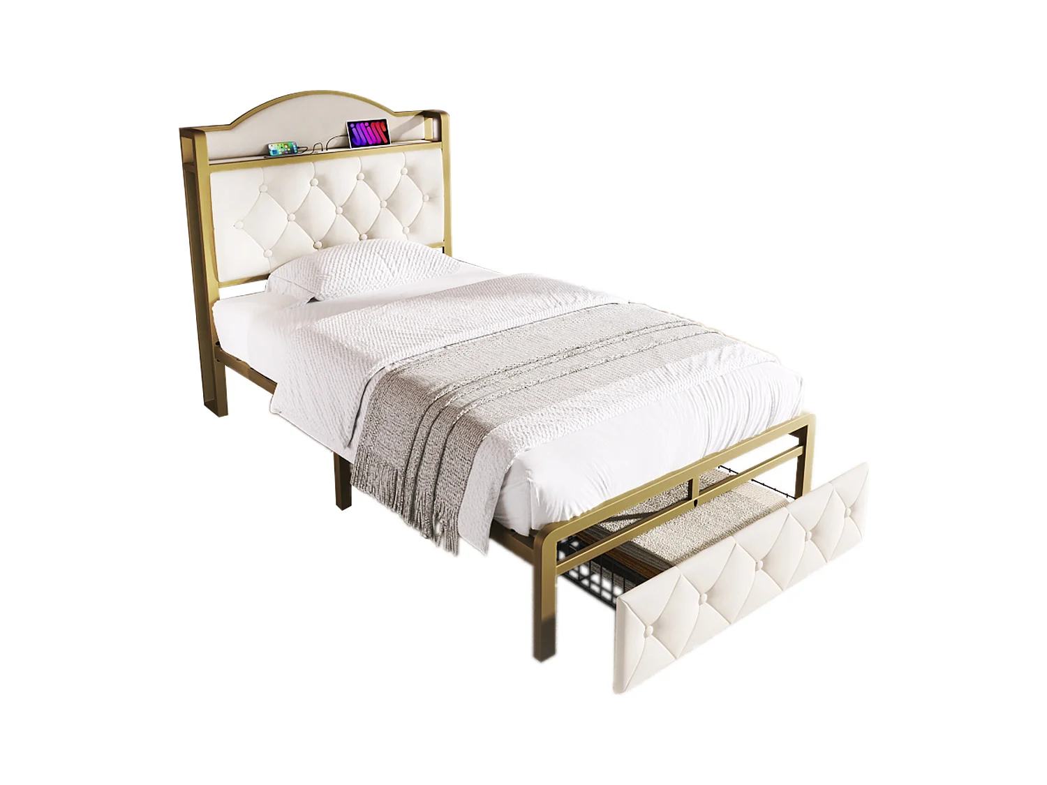 Kinderbed 90 x 200 cm met lade - USB + Type C - fluweel + metaal - lichtbeige + matras