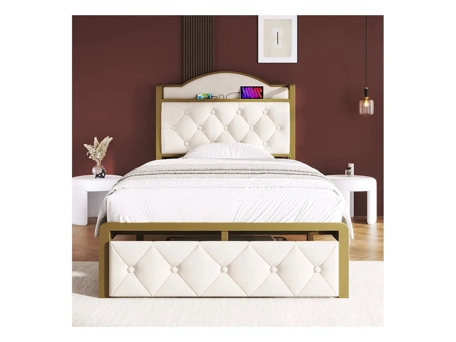 Kinderbed 90 x 200 cm met lade - USB + Type C - fluweel + metaal - lichtbeige + matras