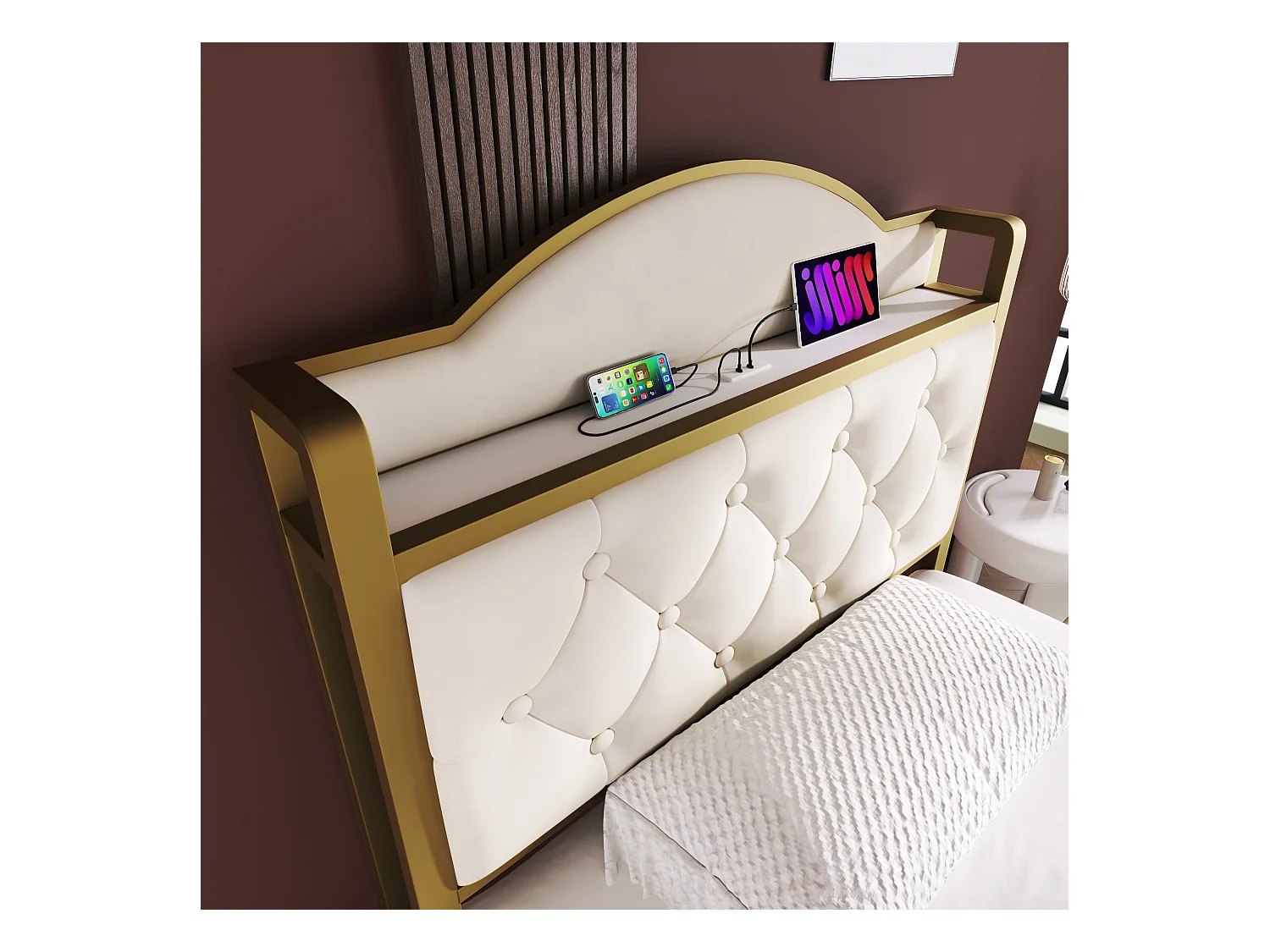 Kinderbed 90 x 200 cm met lade - USB + Type C - fluweel + metaal - lichtbeige + matras