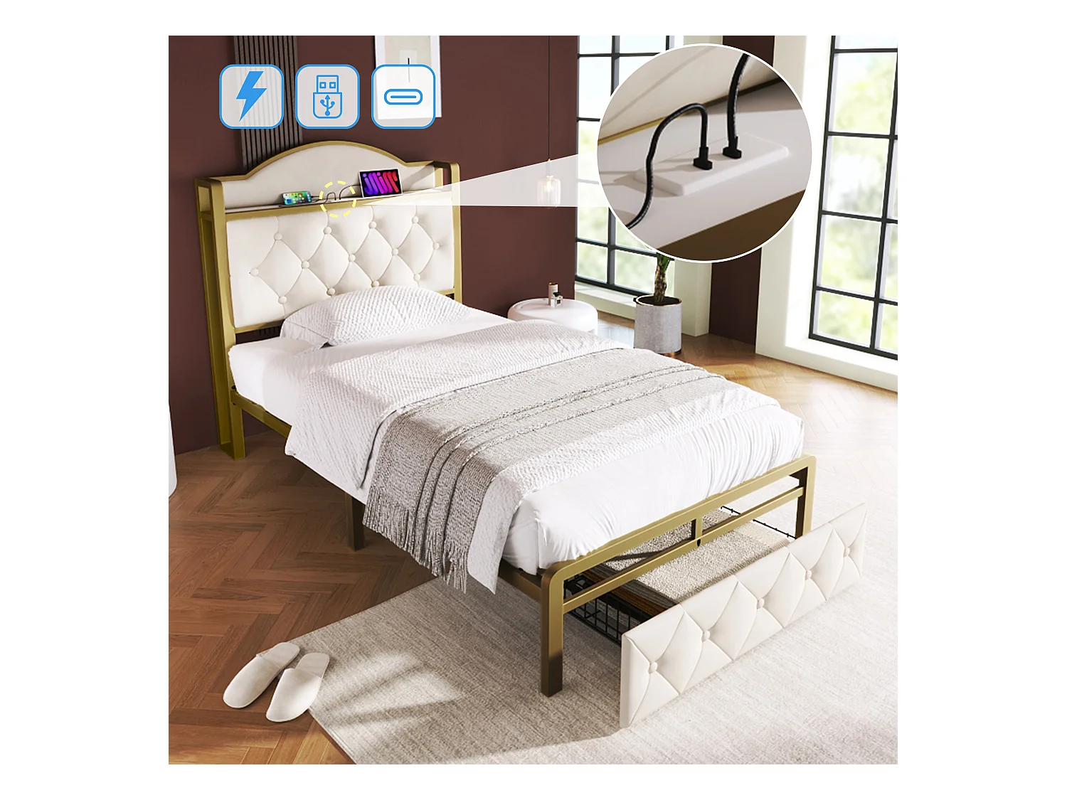 Kinderbed 90 x 200 cm met lade - USB + Type C - fluweel + metaal - lichtbeige + matras