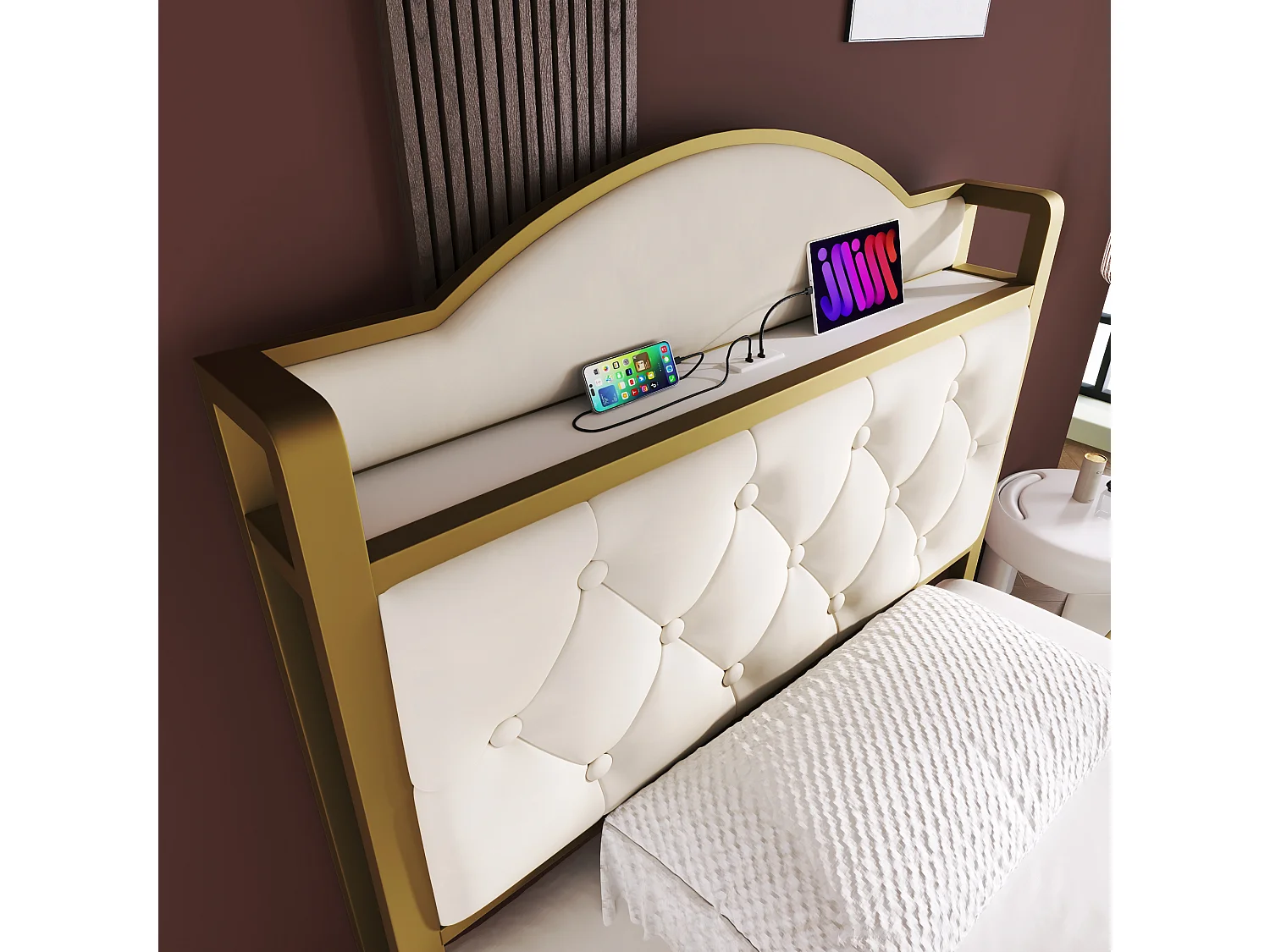 Kinderbed 90 x 200 cm met lade - USB + Type C - fluweel + metaal - lichtbeige + matras