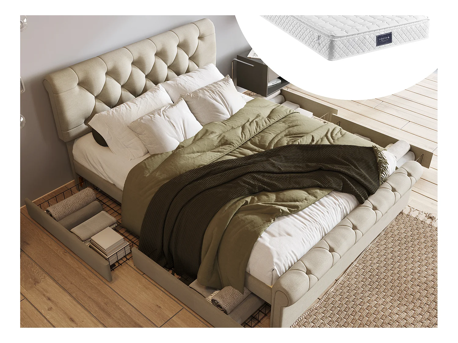 Lit 140 x 200 cm avec tête de lit + 4 tiroirs - tissu en lin - coloris naturel - Chesterfield + Matelas