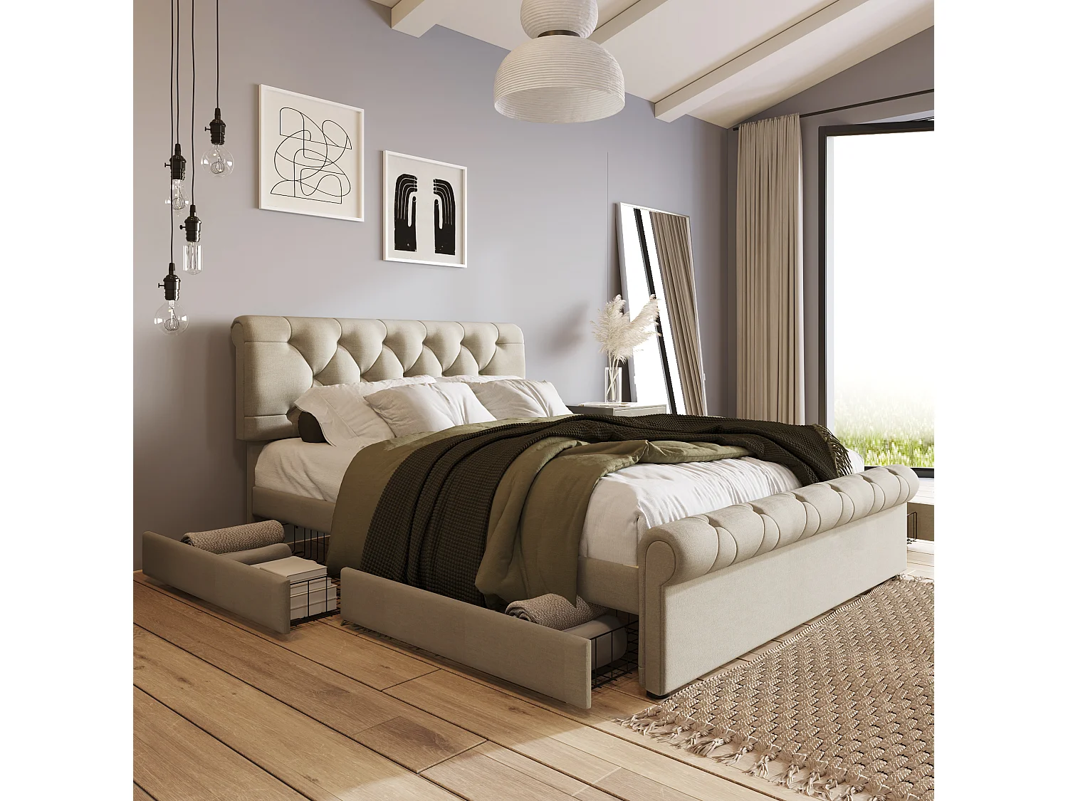140 x 200 cm säng med huvudgavel + 4 lådor - linnetyg - naturfärgad - Chesterfield + Madrass