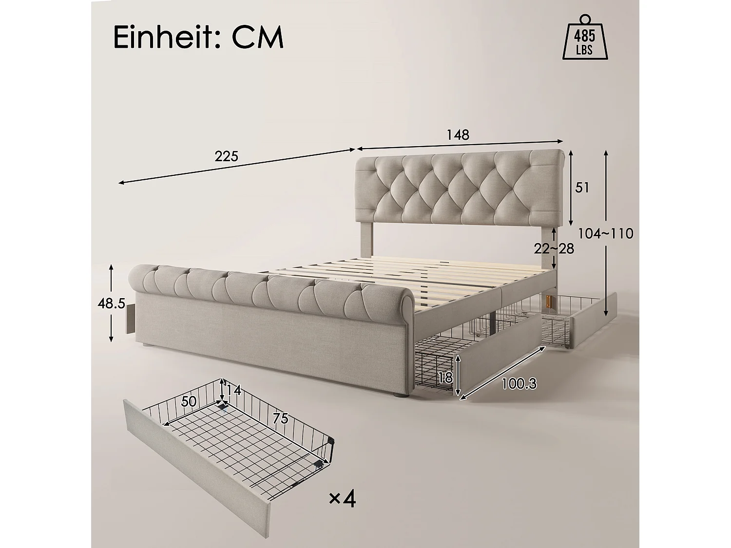 140 x 200 cm säng med huvudgavel + 4 lådor - linnetyg - naturfärgad - Chesterfield + Madrass