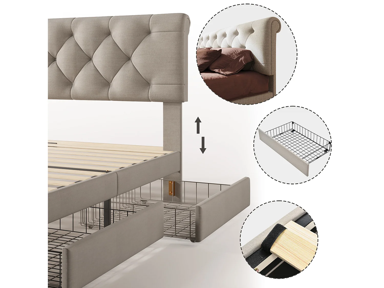 140 x 200 cm säng med huvudgavel + 4 lådor - linnetyg - naturfärgad - Chesterfield + Madrass