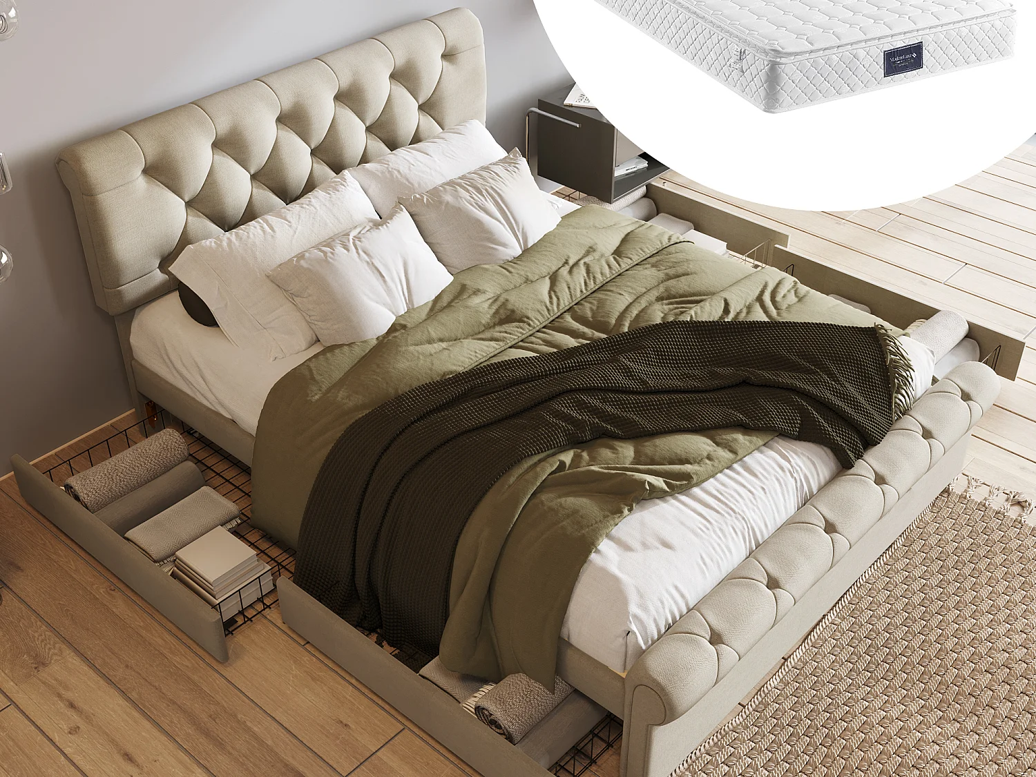 140 x 200 cm säng med huvudgavel + 4 lådor - linnetyg - naturfärgad - Chesterfield + Madrass