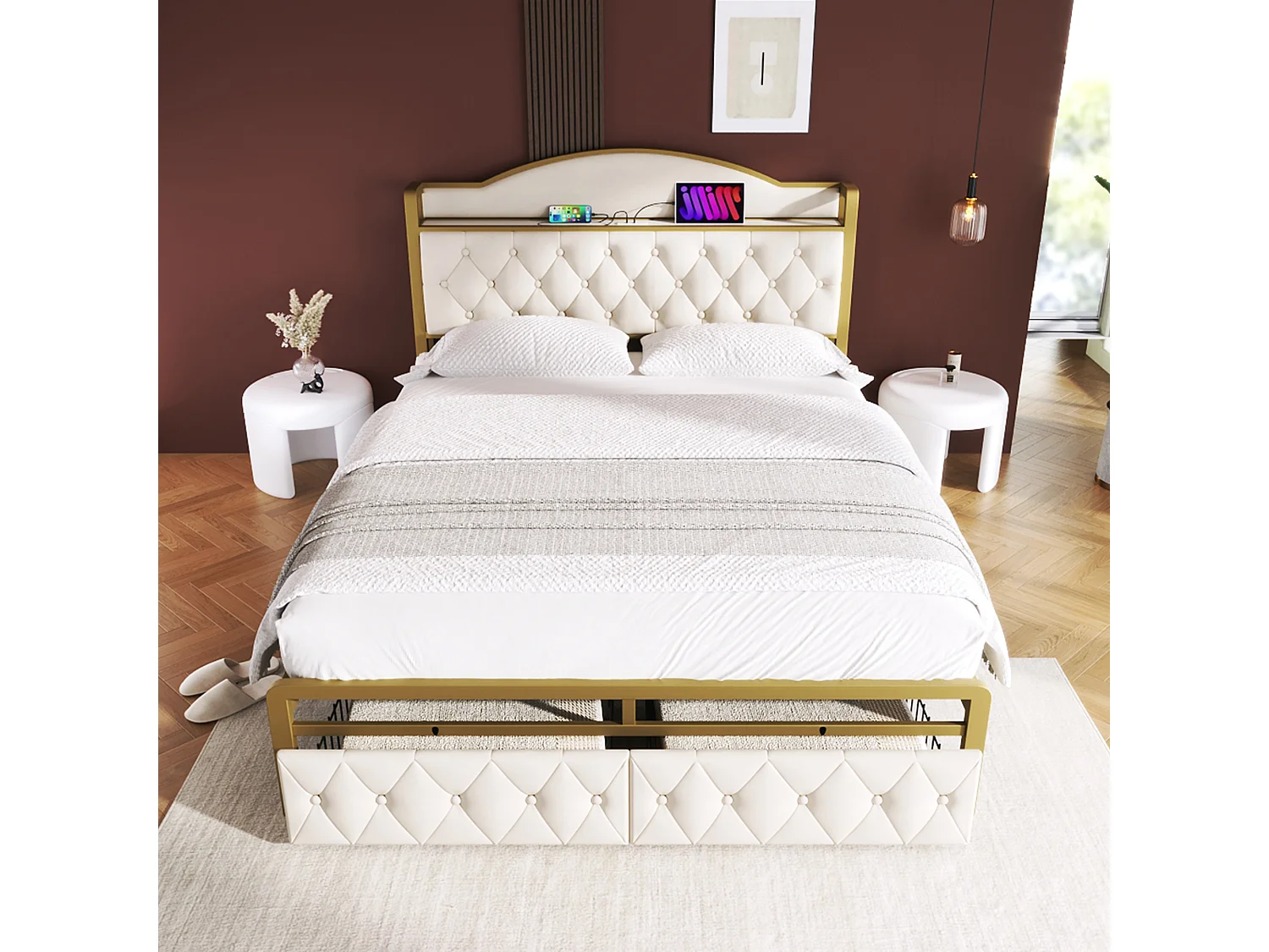 Lit 140 x 200 cm avec tête de lit rangement et 2 tiroirs - USB + Type C - velours + métal - beige + Matelas