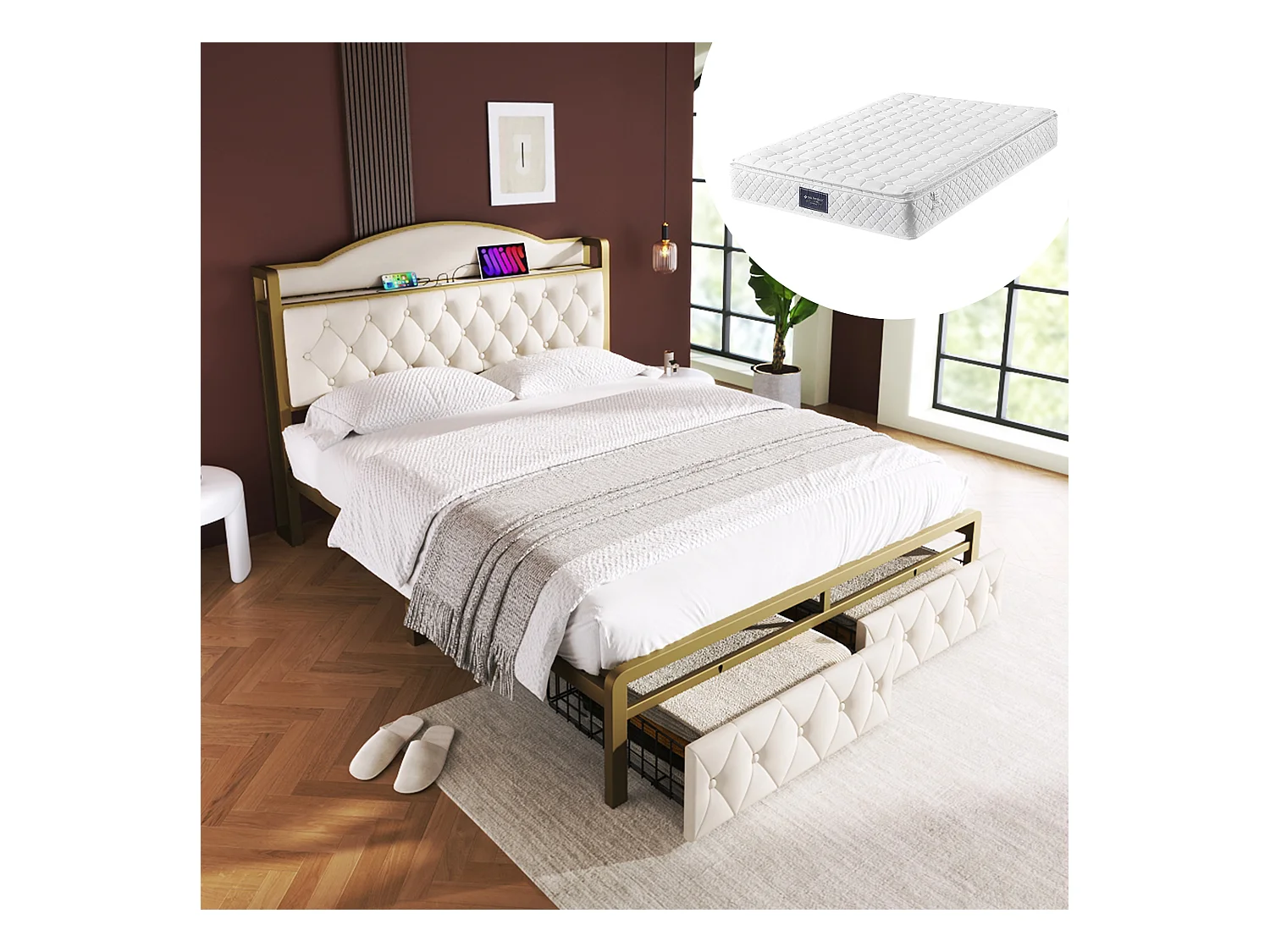 Bed 140 x 200 cm met opberghoofdeinde en 2 laden - USB + Type C - fluweel + metaal - beige + matras