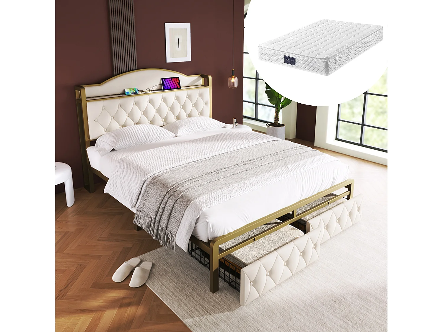 Lit 140 x 200 cm avec tête de lit rangement et 2 tiroirs - USB + Type C - velours + métal - beige + Matelas