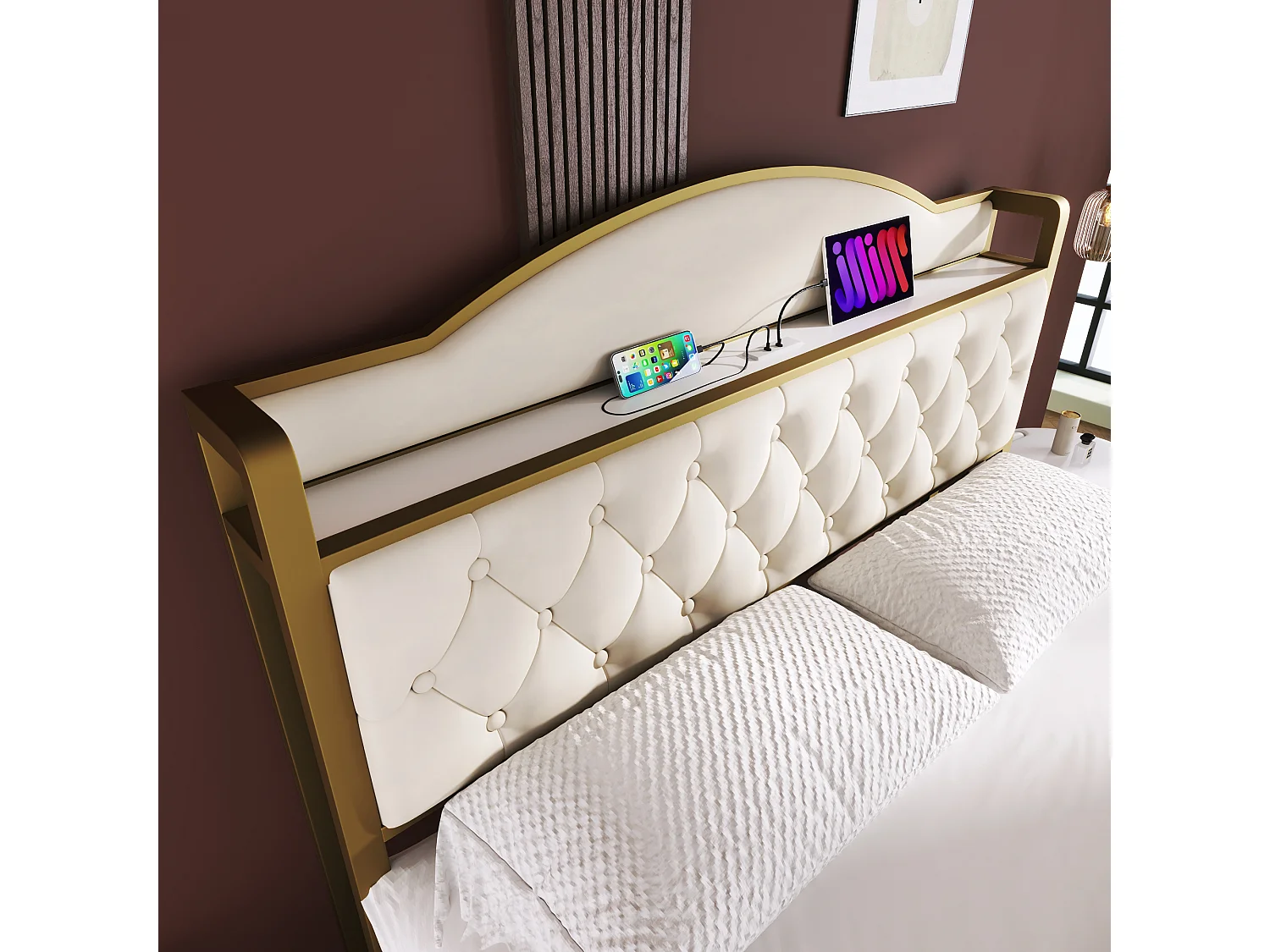Lit 140 x 200 cm avec tête de lit rangement et 2 tiroirs - USB + Type C - velours + métal - beige + Matelas