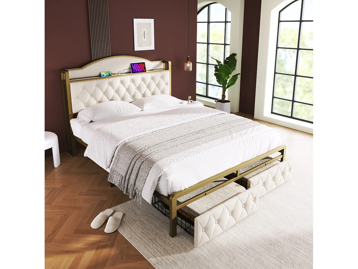 Lit 140 x 200 cm avec tête de lit rangement et 2 tiroirs - USB + Type C - velours + métal - beige + Matelas