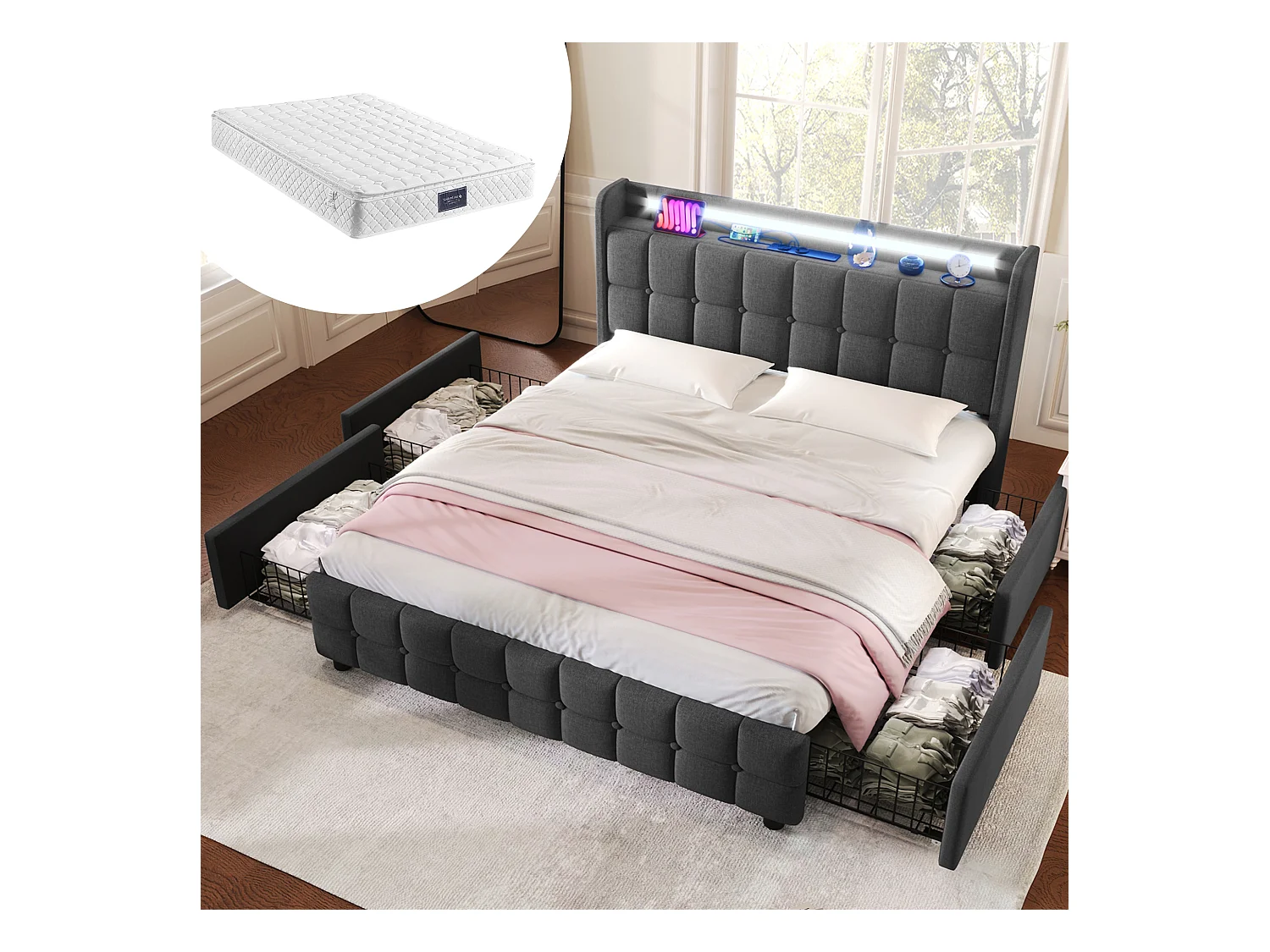 Lit capitonné adulte 160 x 200 cm avec 4 tiroirs - USB + LEDs - tissu en lin - gris + Matelas