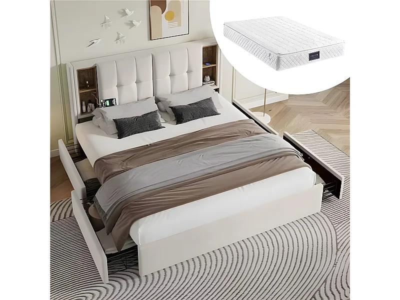Tweepersoonsbed 160 x 200 cm met USB C draadloos opladen & 4 lades - fluweel - beige + Matras
