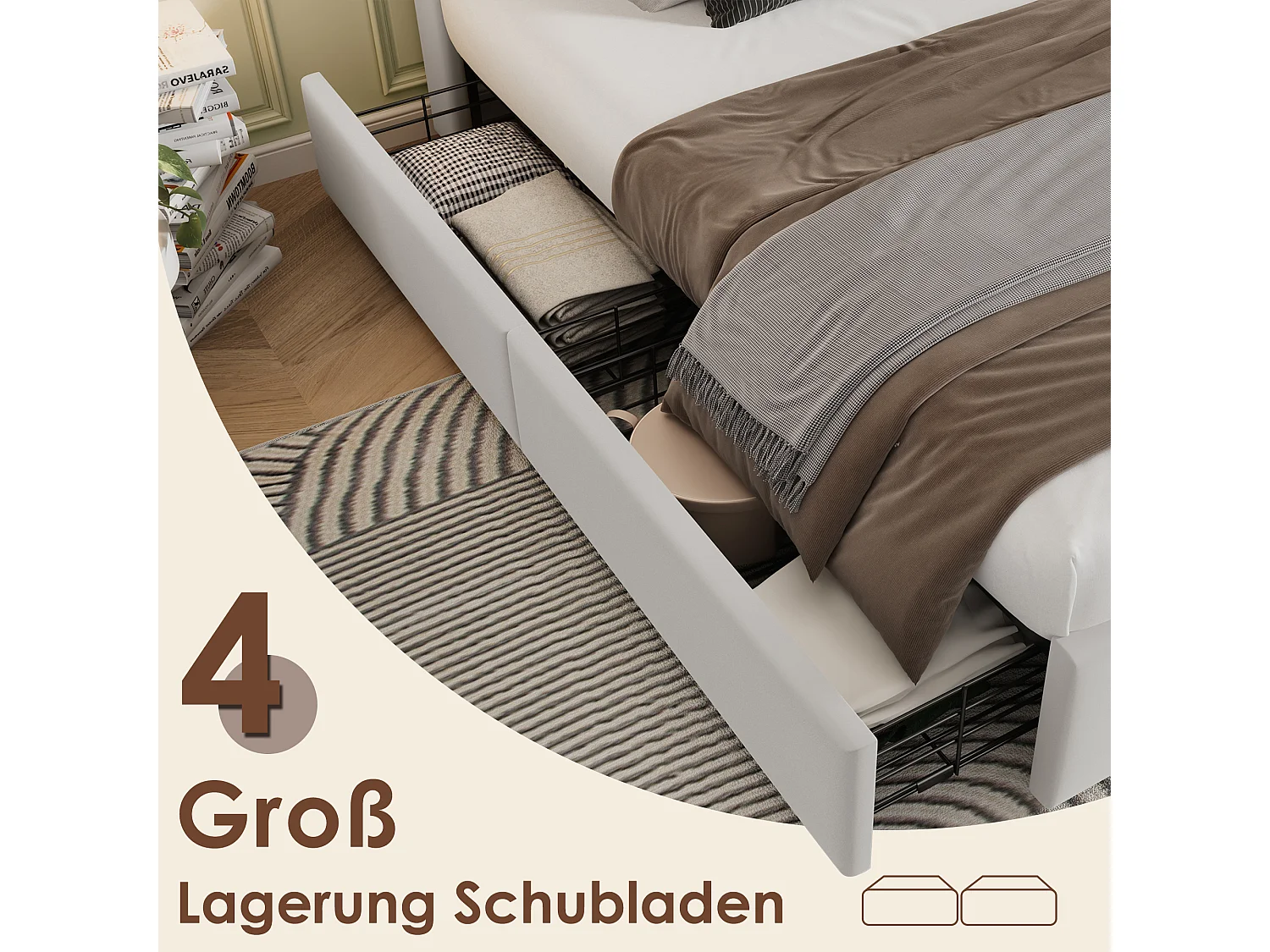 Łóżko dwuosobowe 160 x 200 cm z ładowaniem bezprzewodowym USB C i 4 szufladami - aksamitne - beżowe + Materac