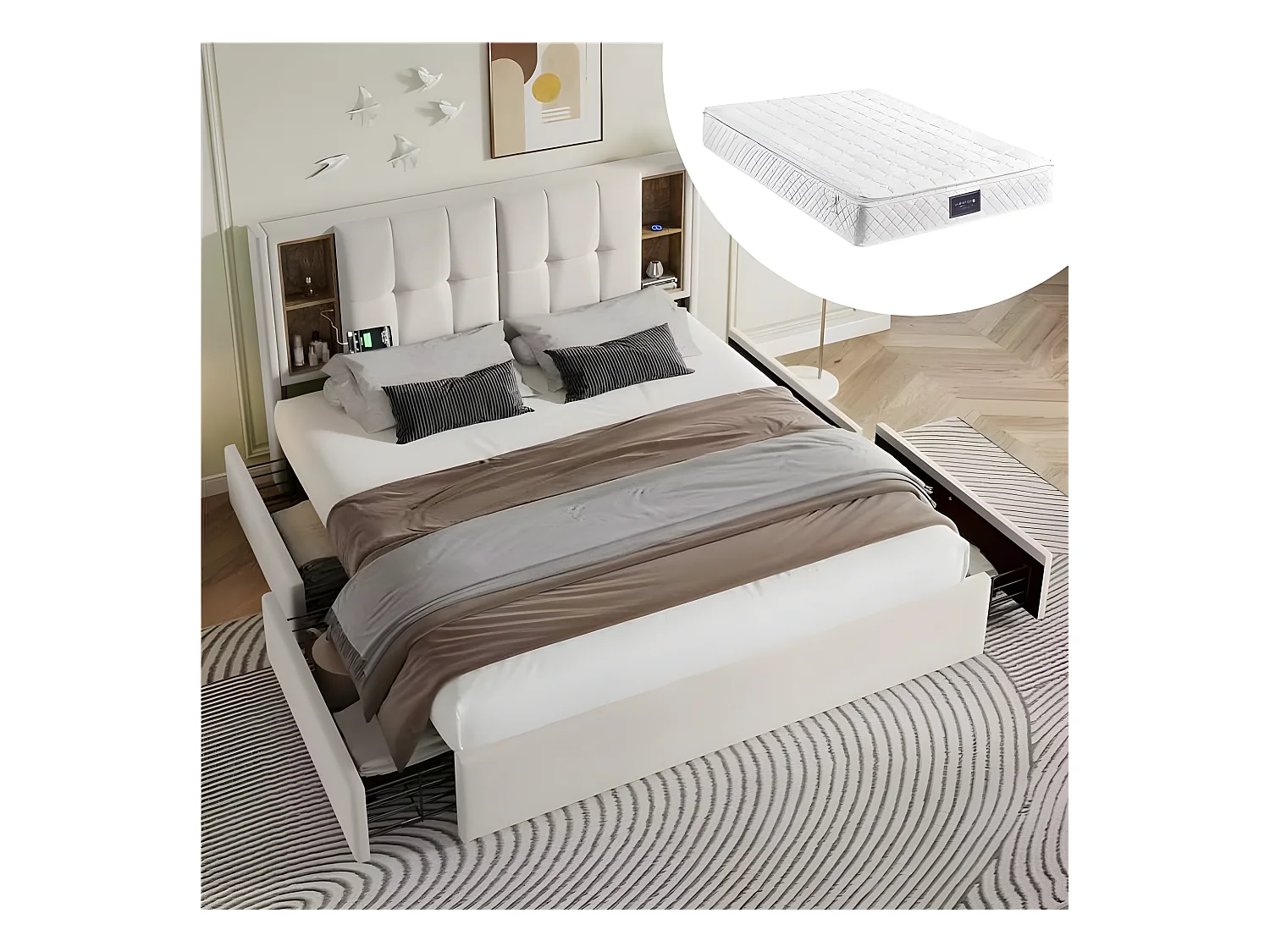 Lit double 160 x 200 cm avec recharge sans fil USB C & 4 tiroirs - velours - beige + Matelas