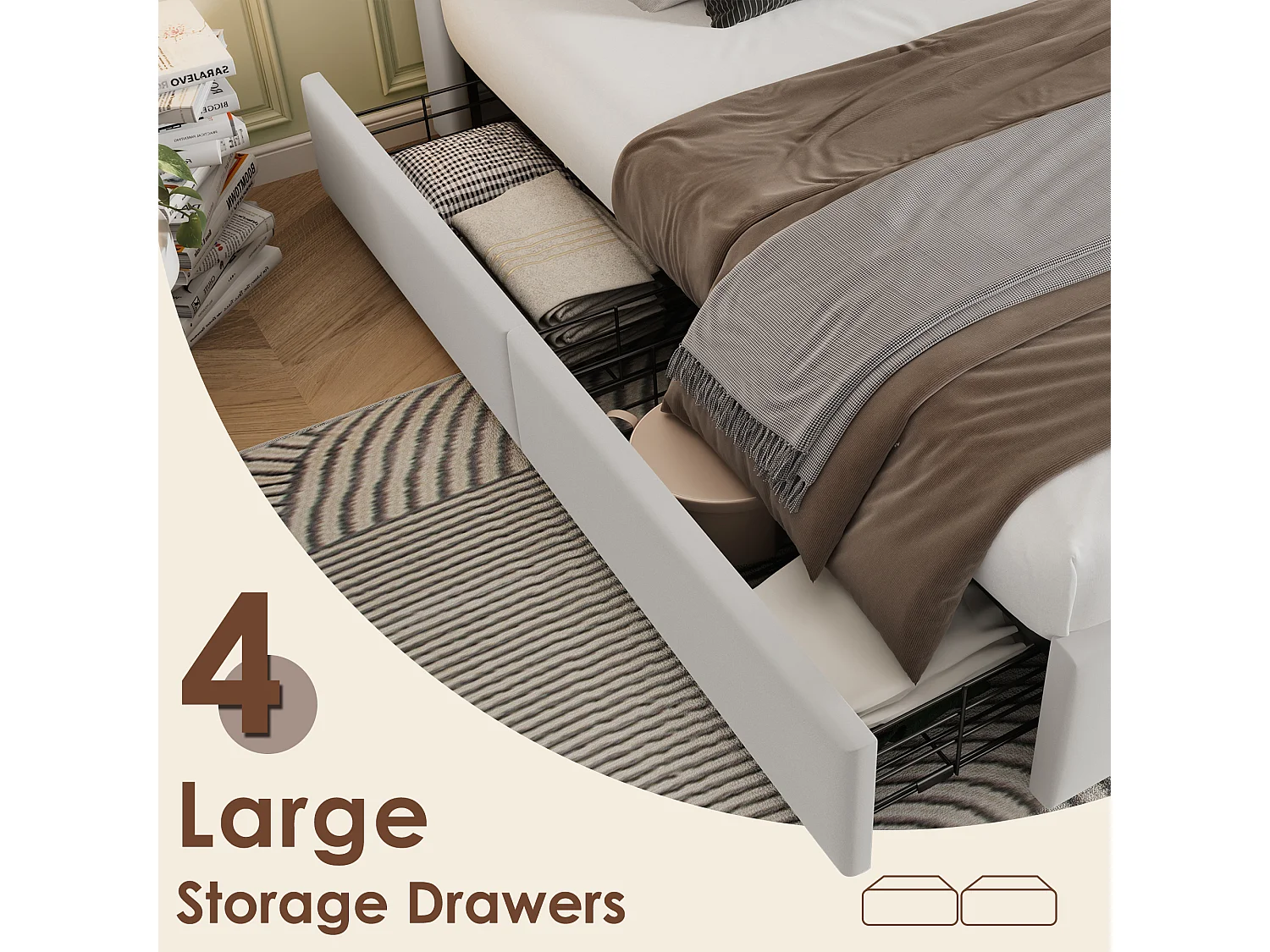 Doppelbett 160 x 200 cm mit kabellosem USB-C-Ladegerät und 4 Schubladen – Samt – Beige + Matratze