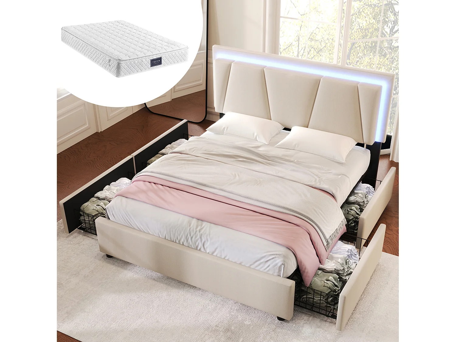 Cama 160 x 200 cm con cabecero regulable - 4 cajones - LED - somier - color beige + Colchón