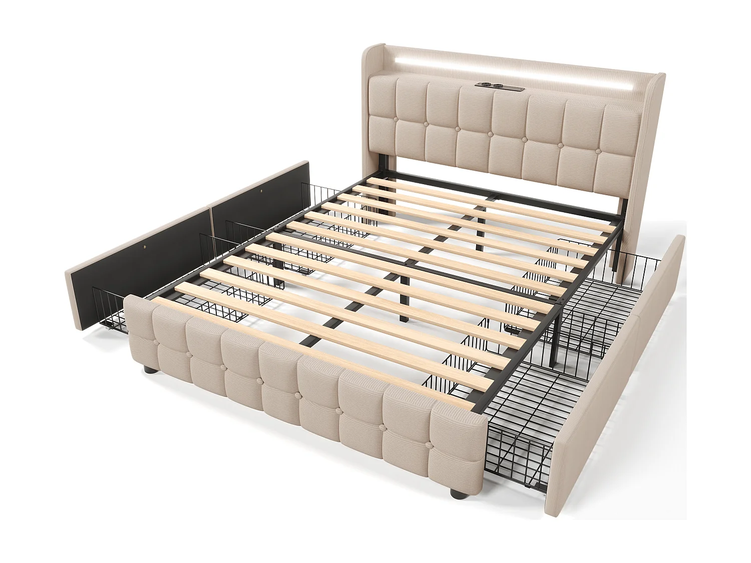 Cama para adultos acolchada 140 x 200 cm con 4 cajones - USB + LED - tejido de lino - beige + Colchón