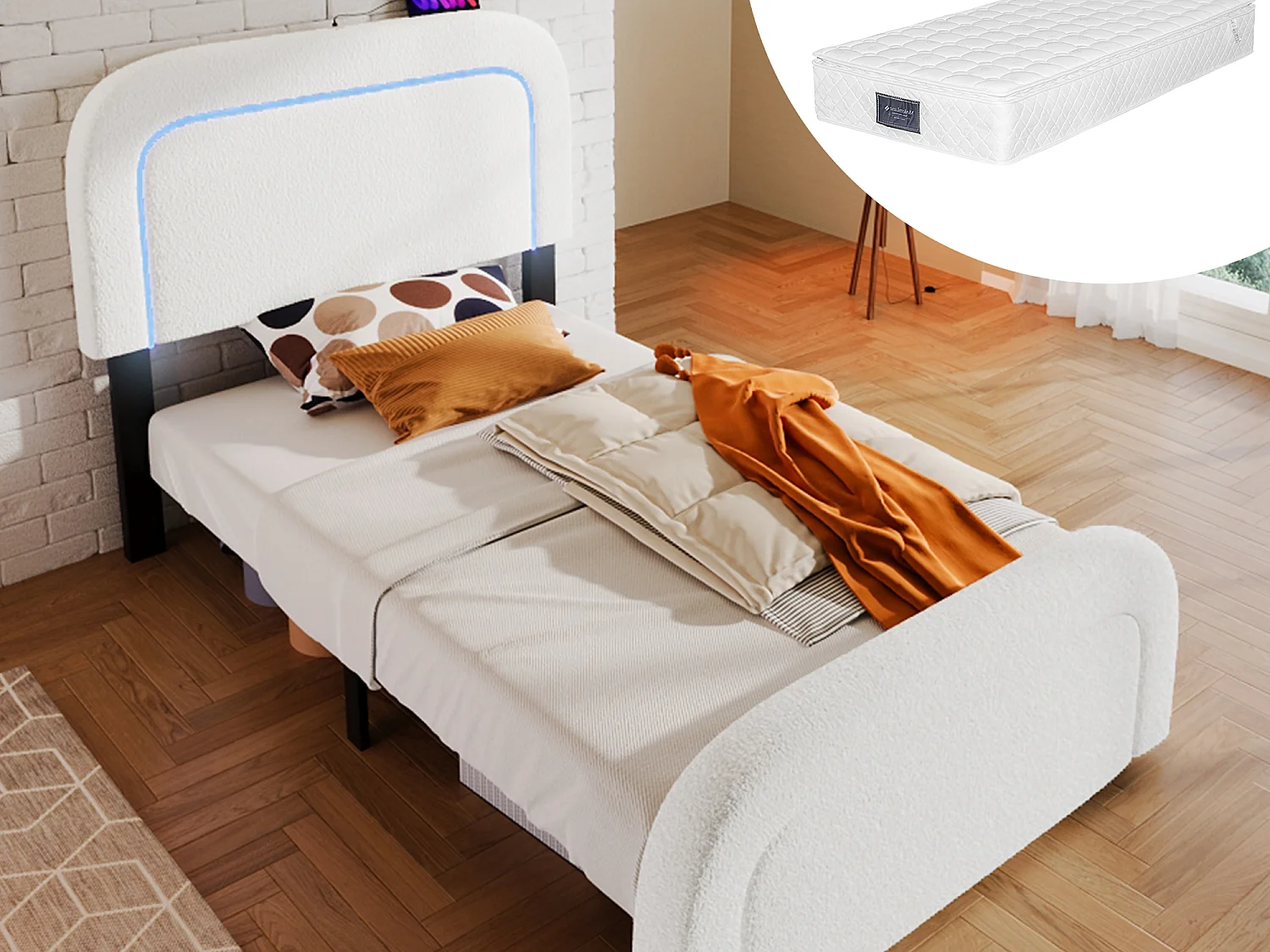 Kinderbed 90 x 200 cm met verstelbaar hoofdeinde - USB + Type C + LED's - Sherpa stof - wit + Matras