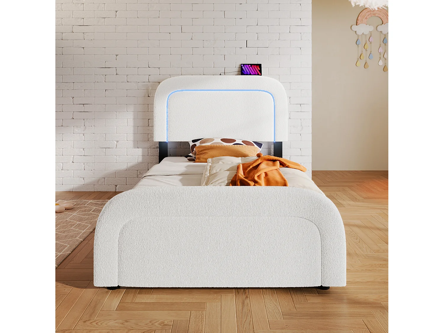 Kinderbed 90 x 200 cm met verstelbaar hoofdeinde - USB + Type C + LED's - Sherpa stof - wit + Matras