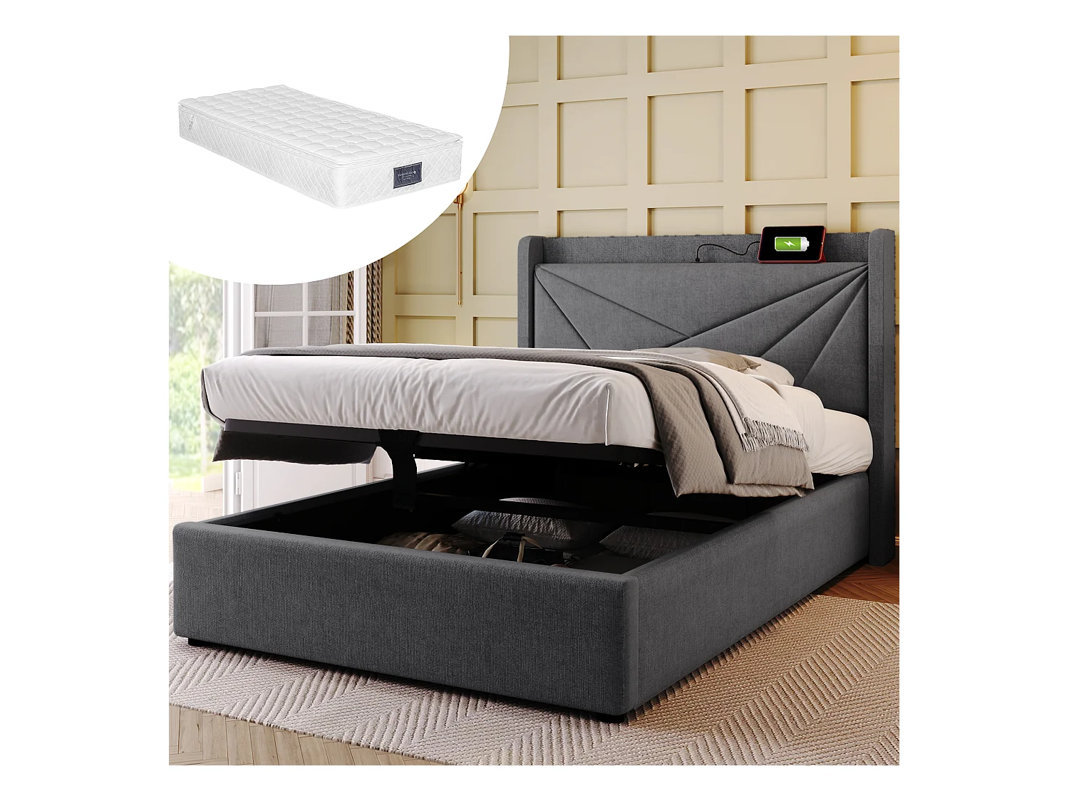 Lit coffre 90 x 200 cm avec tête de lit - USB + type C - tissu en lin - gris + Matelas