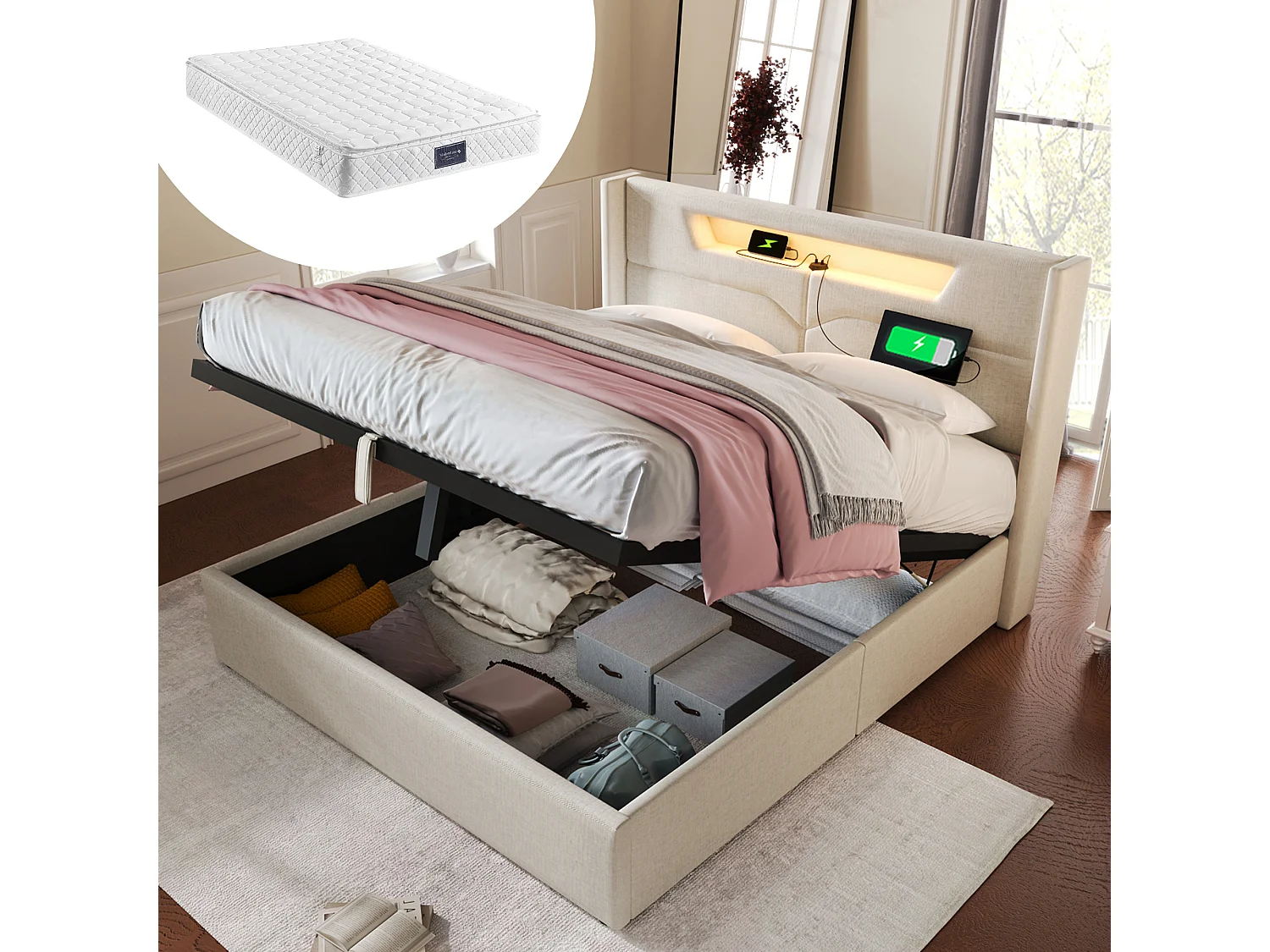 Bett mit Stauraum 140 x 200 cm, Doppelbett – LED-Beleuchtung, USB-Typ-C-Anschluss und Stauraum – Leinenstoff – Beige + Matratze