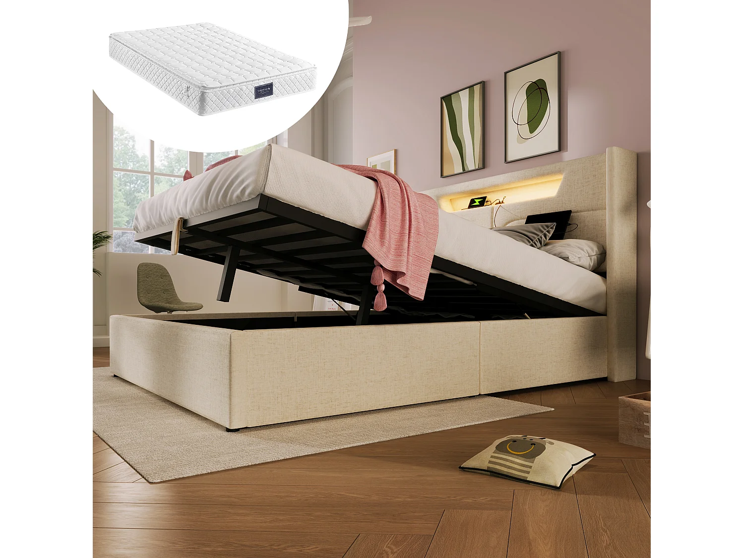 Bett mit Stauraum 140 x 200 cm, Doppelbett – LED-Beleuchtung, USB-Typ-C-Anschluss und Stauraum – Leinenstoff – Beige + Matratze