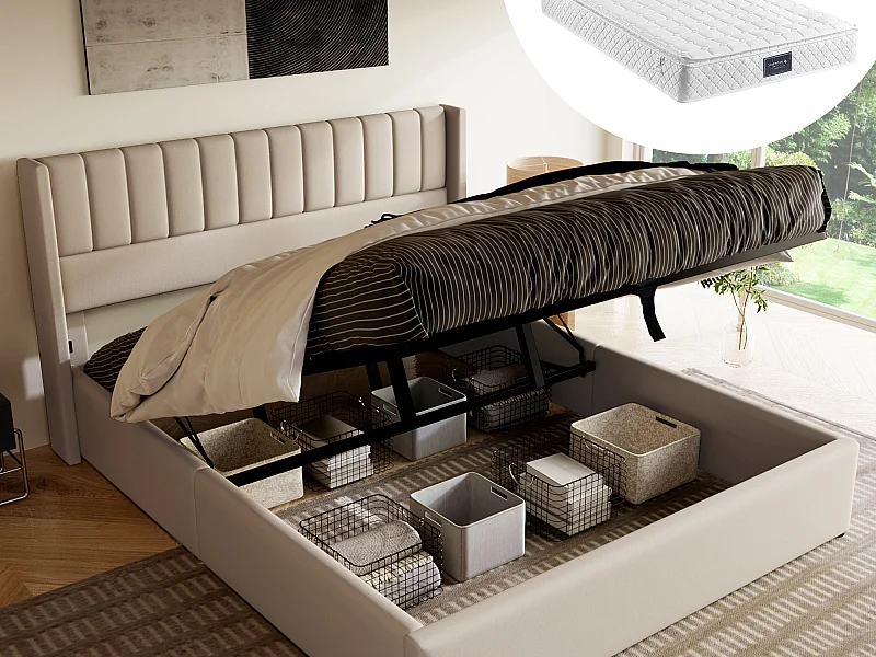 Lit coffre 140 x 200 cm avec tête de lit - Tissu lin - Motif coutures verticales - Beige + Matelas