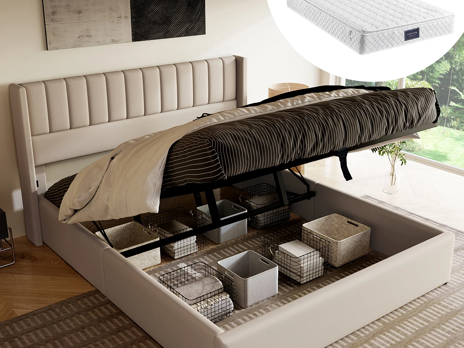 Lit coffre 140 x 200 cm avec tête de lit - Tissu lin - Motif coutures verticales - Beige + Matelas