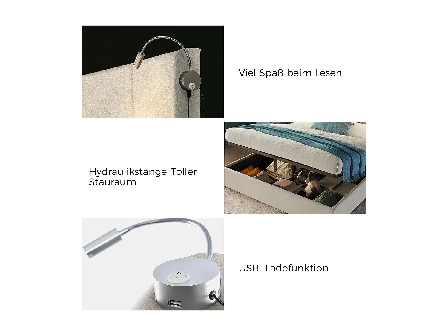 Stauraumbett 140 x 200 cm mit Kopfteil – Leinenstoff – USB + Leselampe – Beige + Matratze