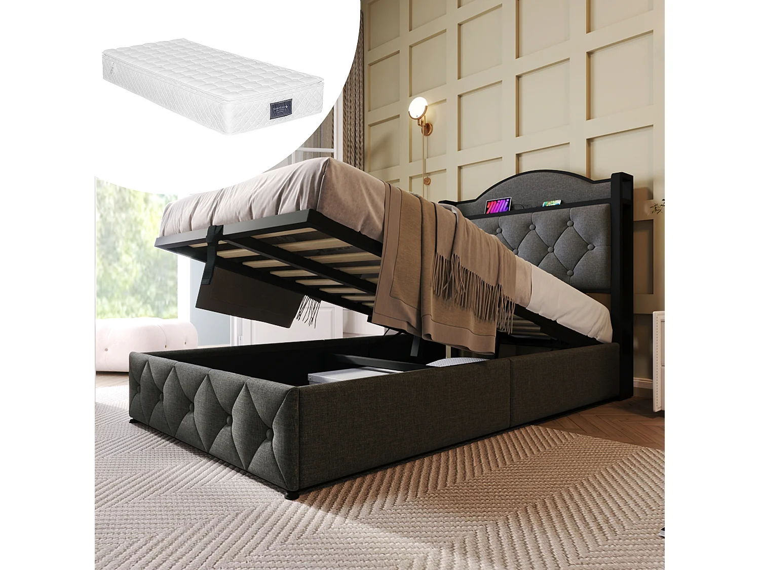 Lit coffre enfant 90 x 200 cm - USB + Type C - velours + métal - gris + Matelas