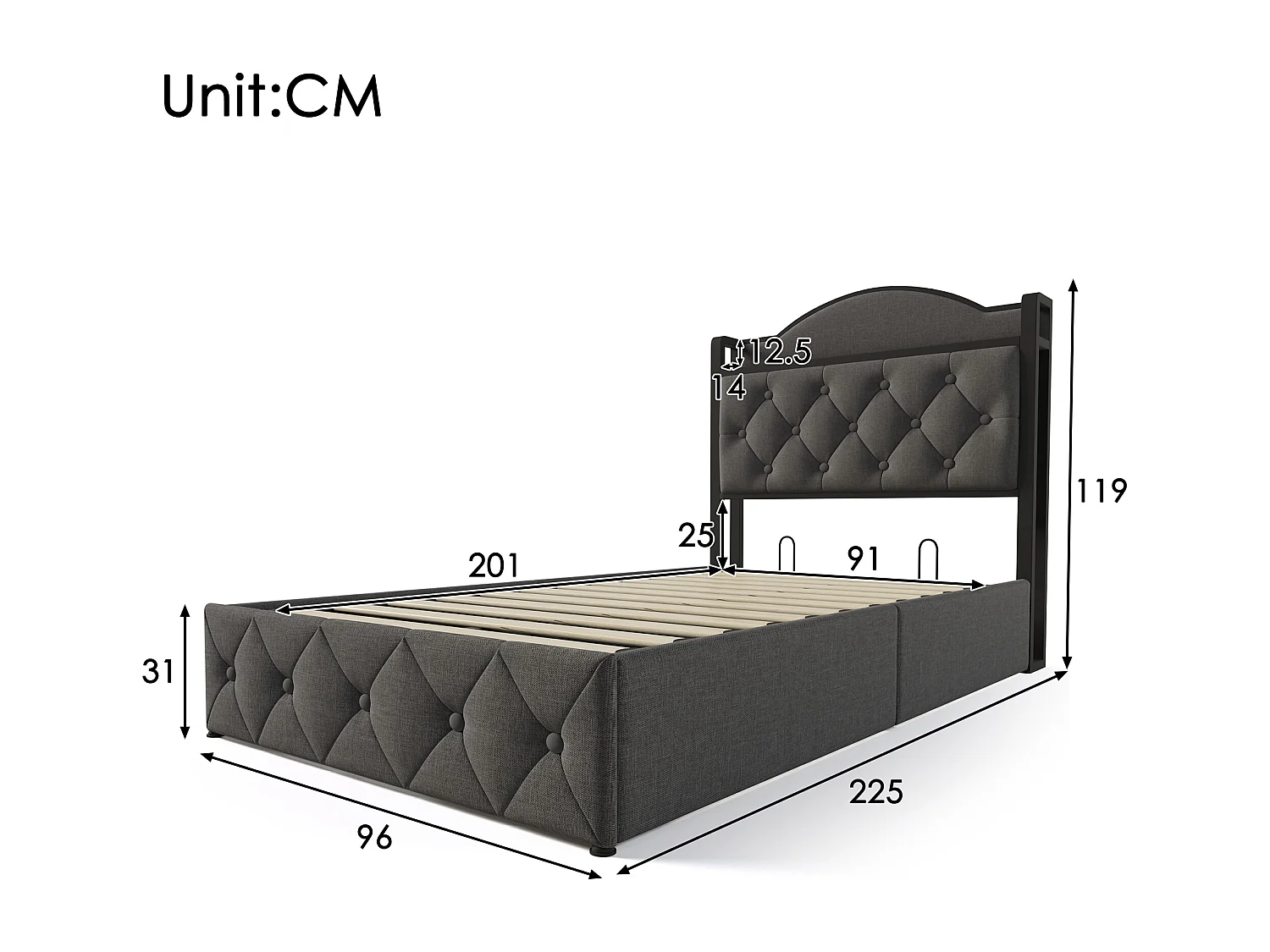 Lit coffre enfant 90 x 200 cm - USB + Type C - velours + métal - gris + Matelas