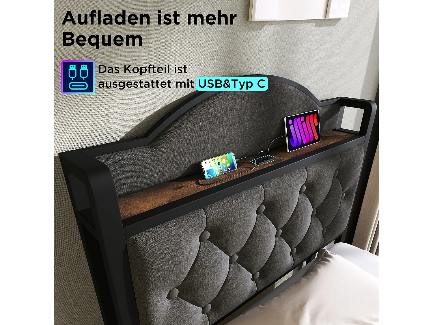 Lit coffre enfant 90 x 200 cm - USB + Type C - velours + métal - gris + Matelas