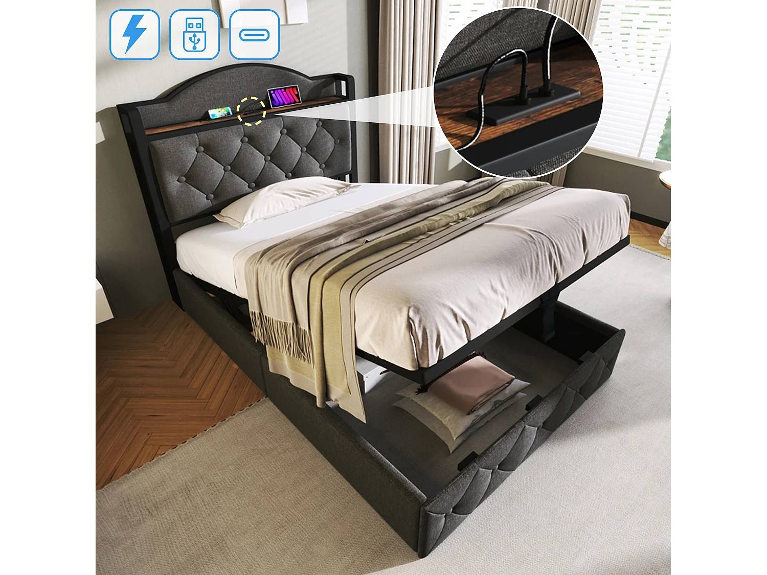 Lit coffre enfant 90 x 200 cm - USB + Type C - velours + métal - gris + Matelas