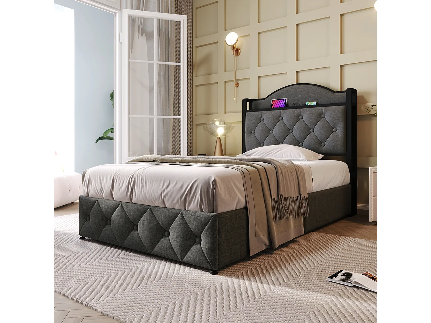 Lit coffre enfant 90 x 200 cm - USB + Type C - velours + métal - gris + Matelas