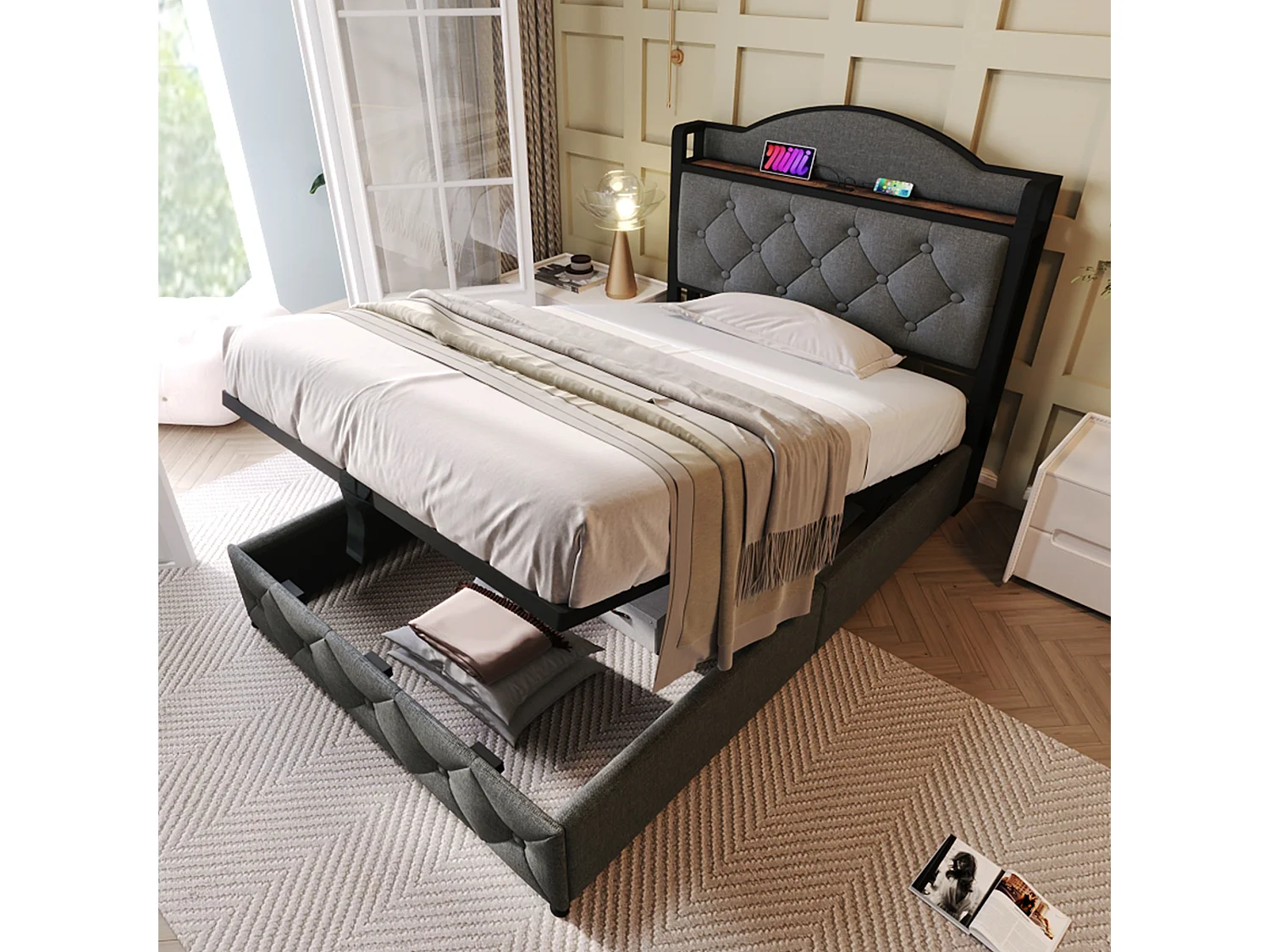 Lit coffre enfant 90 x 200 cm - USB + Type C - velours + métal - gris + Matelas