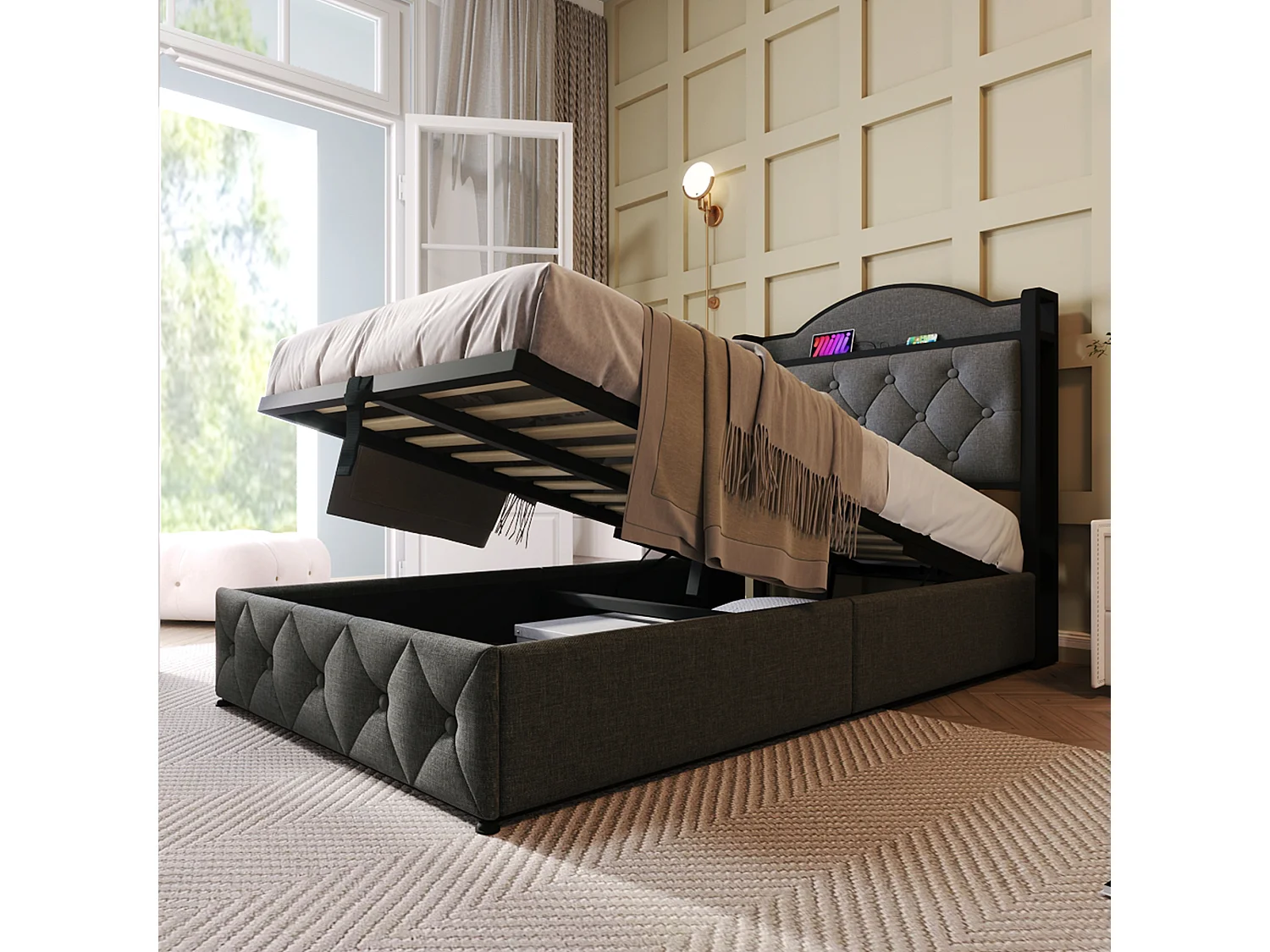 Lit coffre enfant 90 x 200 cm - USB + Type C - velours + métal - gris + Matelas