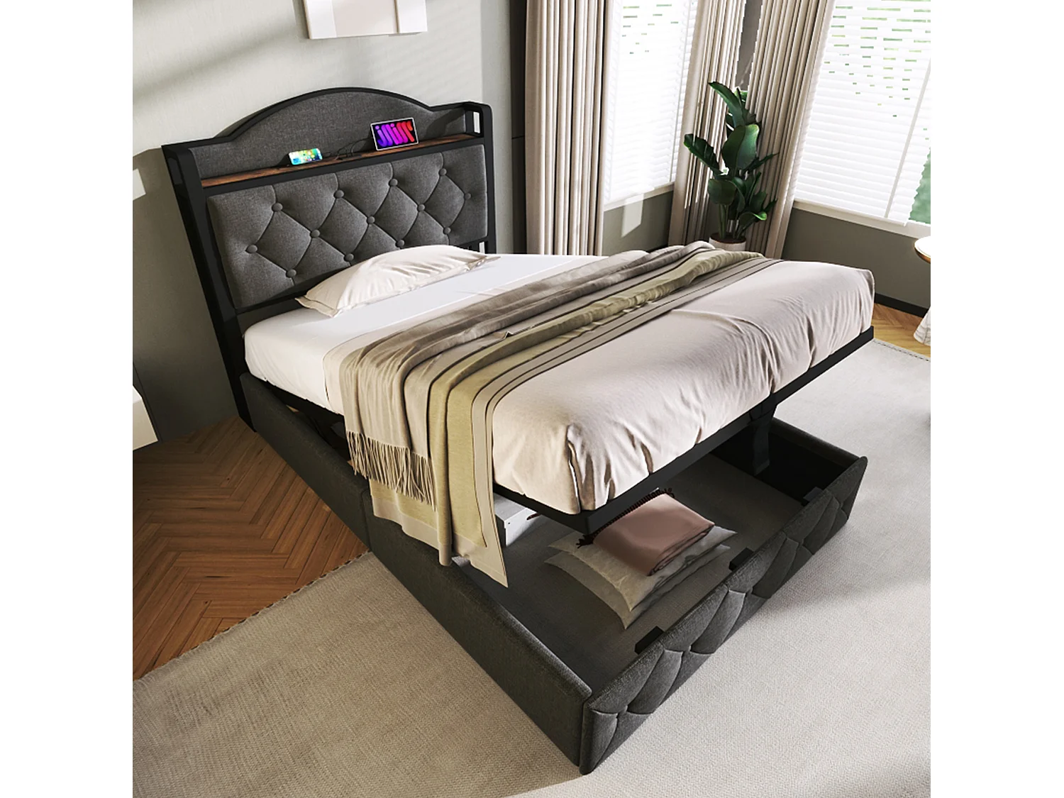 Lit coffre enfant 90 x 200 cm - USB + Type C - velours + métal - gris + Matelas