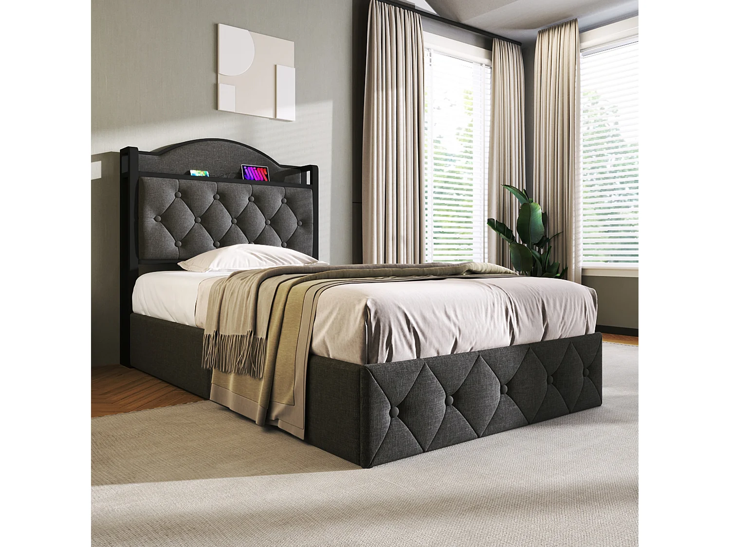 Lit coffre enfant 90 x 200 cm - USB + Type C - velours + métal - gris + Matelas