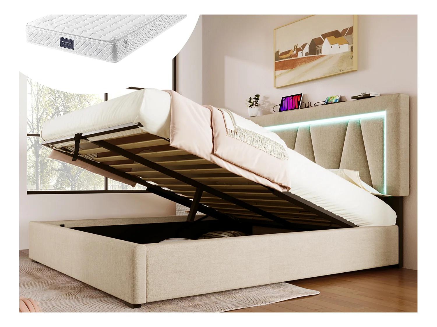 Bett mit Stauraum 160 x 200 cm für Erwachsene – USB + Typ C + LEDs – Leinenstoff – Beige + Matratze