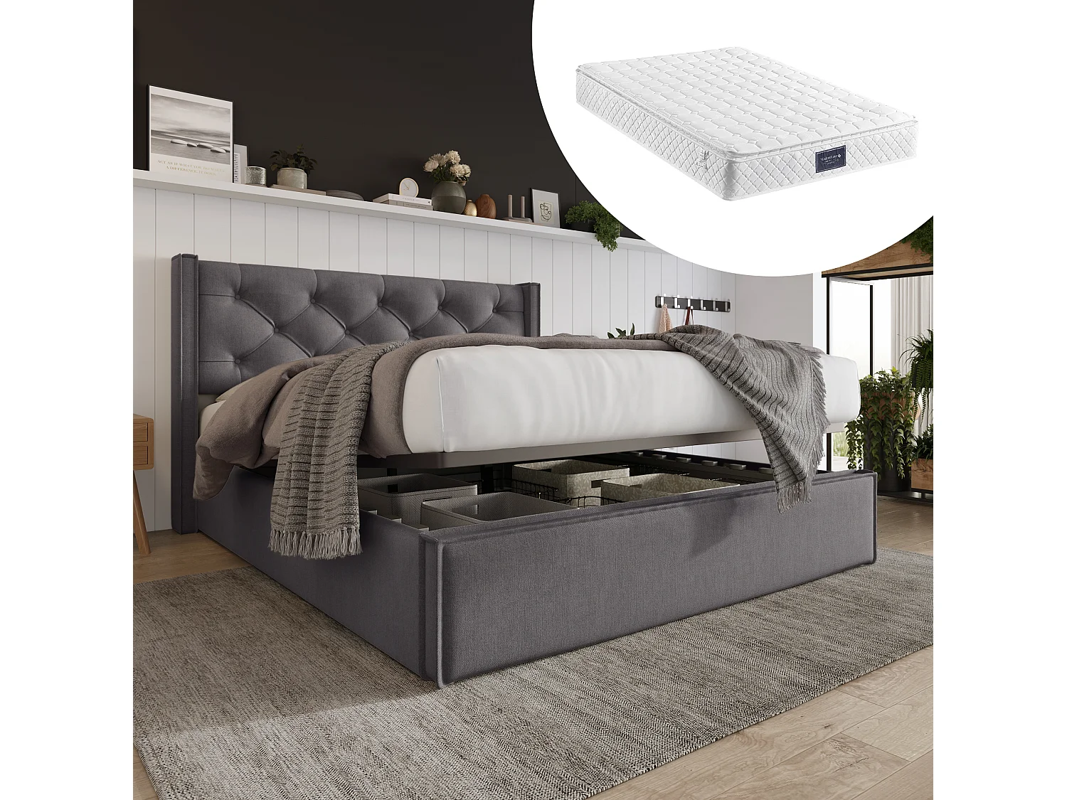 Lit coffre 160 x 200 cm avec tête de lit  - lit adulte - Tissu coton - gris foncé + Matelas