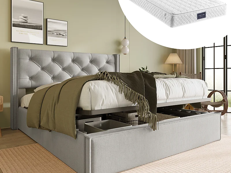 Bettkasten 160 x 200 cm mit Kopfteil – Erwachsenenbett – Baumwollstoff – Hellgrau + Matratze